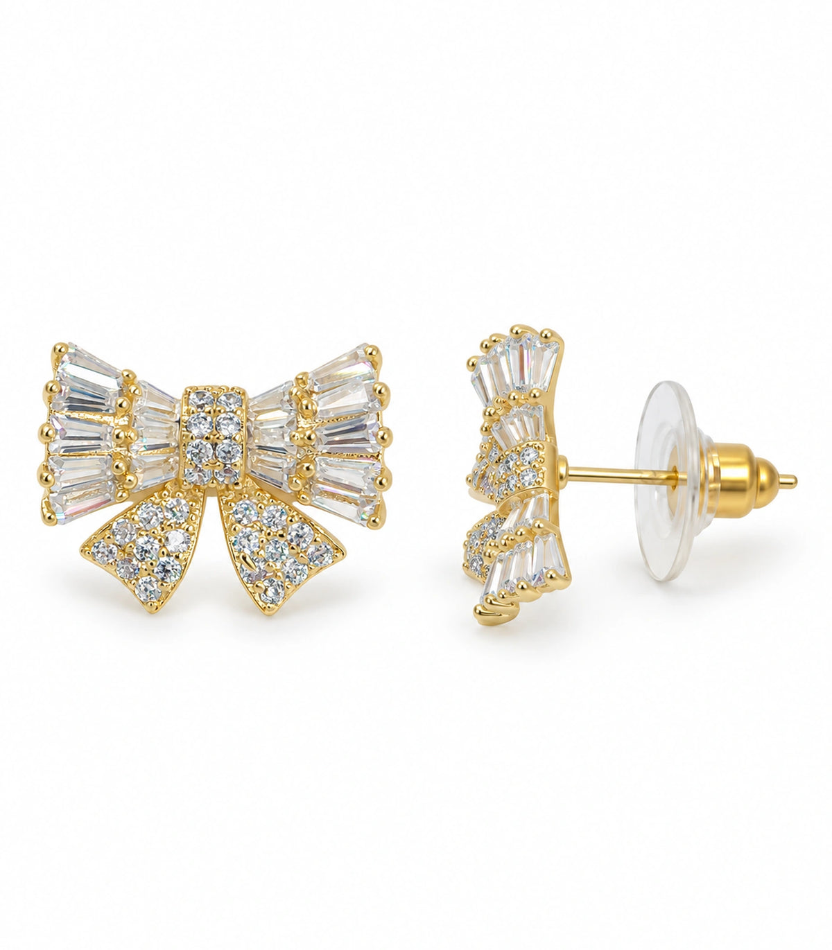 JIMIKI Baguette Crystal Bow Stud Earring Pair in Gold-tone, white background product view #color_gold-tone