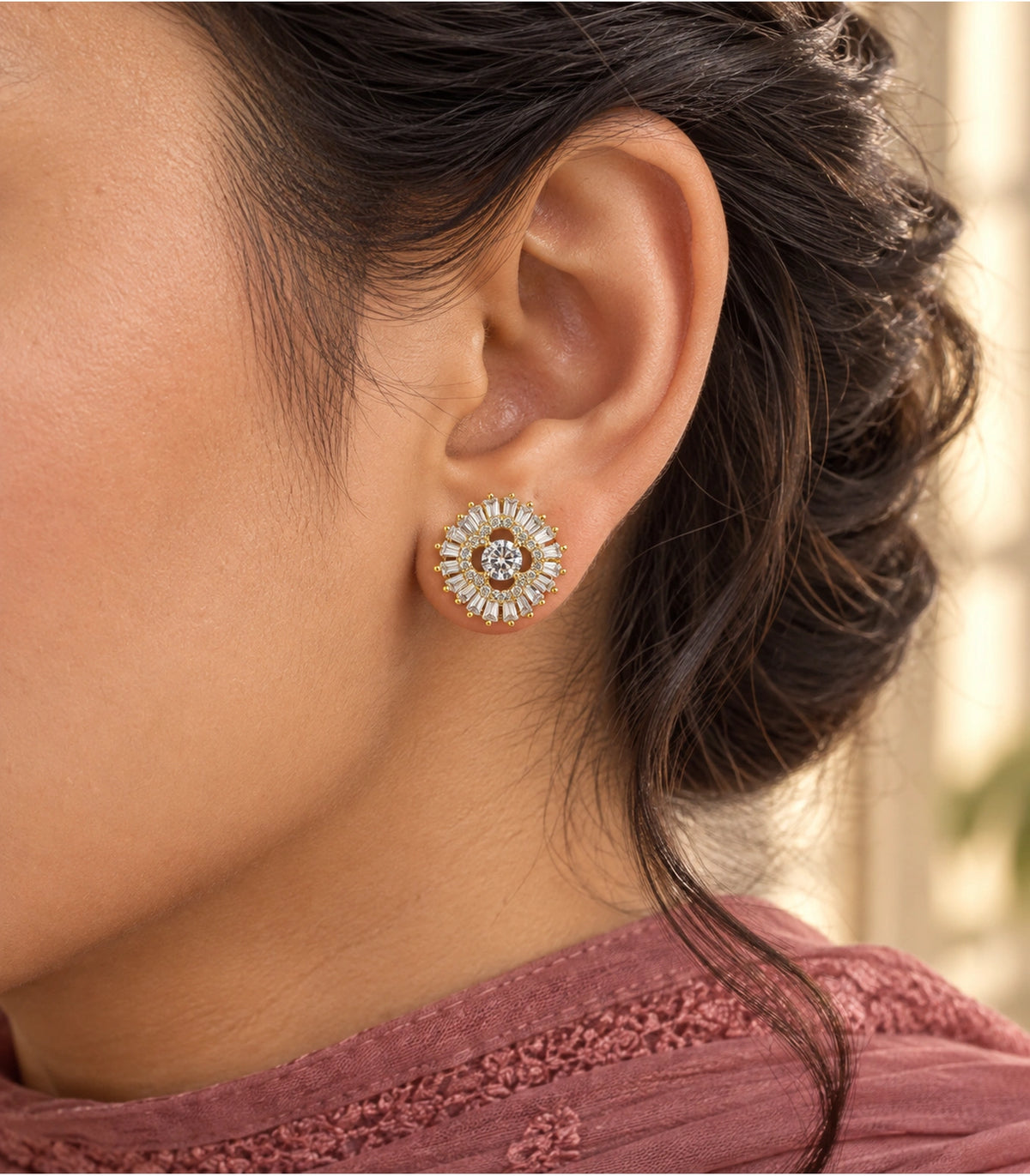 JIMIKI Baguette Halo Round Crystal Stud Earring Pair in Gold Tone, close-up detail #color_gold tone