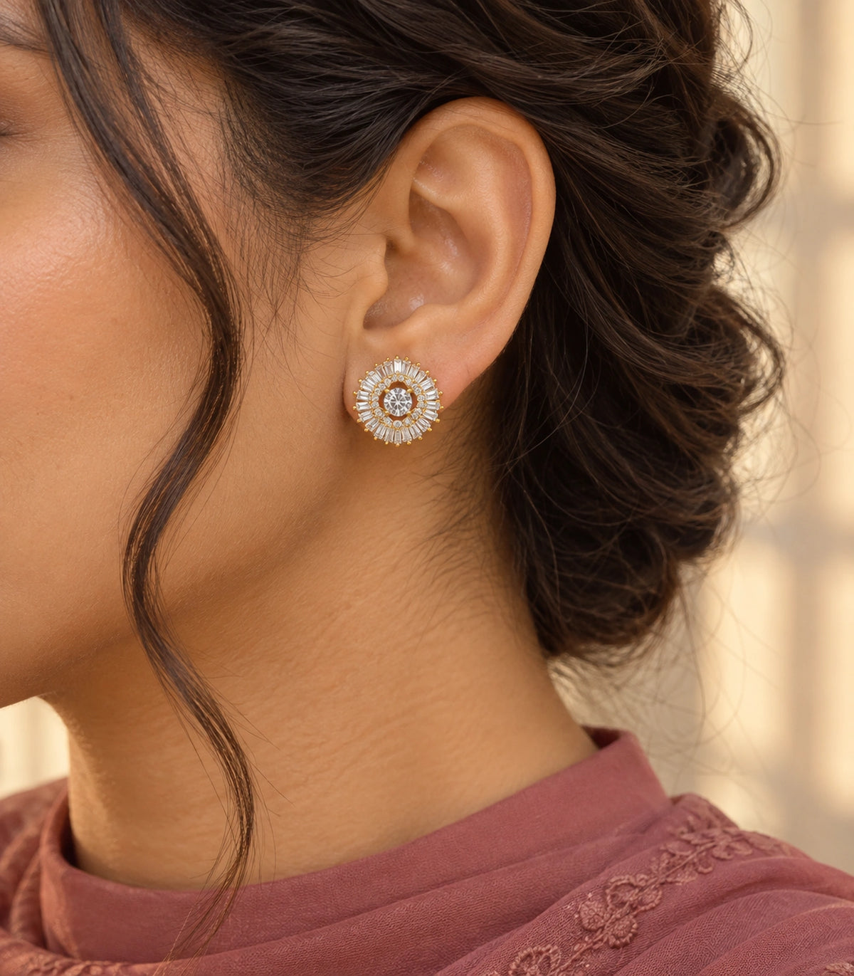 JIMIKI Baguette Halo Round Crystal Stud Earring Pair in Gold Tone, editorial model view #color_gold tone