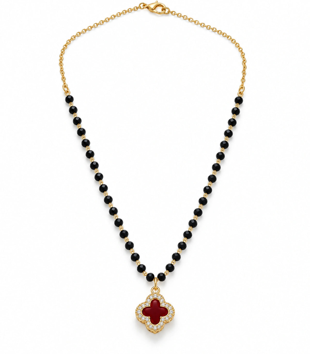 JIMIKI Gold-Tone Black-Bead Red-Quatrefoil Pendant Necklace in Gold Tone / Black / Red - necklace on white #color_gold-tone-black-red