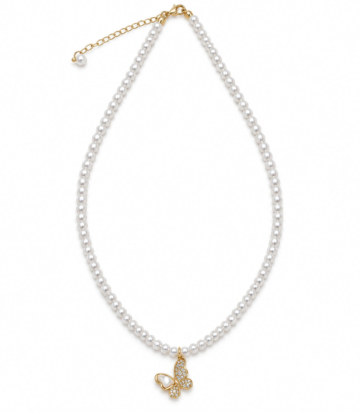 JIMIKI Gold-Tone Butterfly Pearl Necklace in Gold-tone / white, on a white background