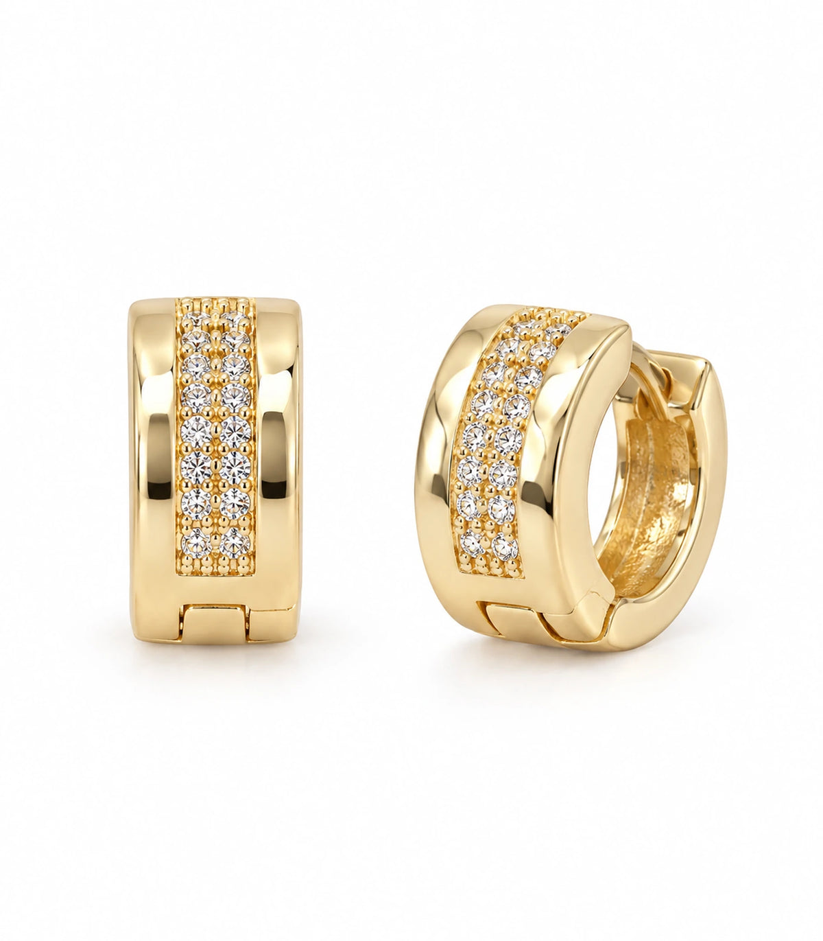 JIMIKI Gold Tone central pave strip huggie hoop earrings, matching pair on white background #color_gold-tone