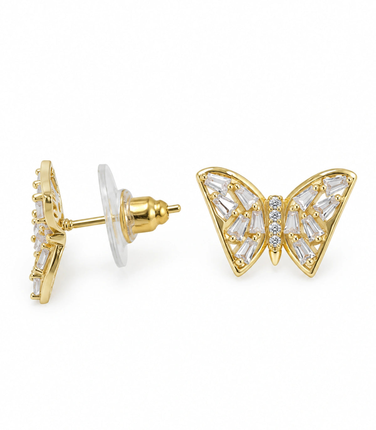 JIMIKI Gold Tone Clear Baguette Butterfly Stud Earring Pair in Gold tone, white background product view