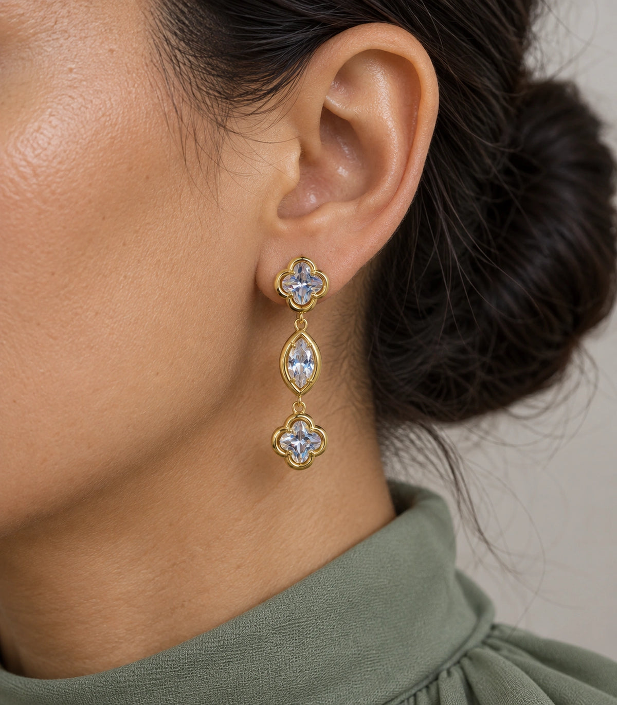 JIMIKI Clover Marquise Crystal Drop Earrings in Gold Tone, close-up detail #color_gold tone