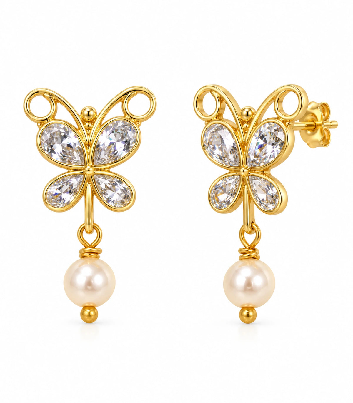 JIMIKI Clear Crystal butterfly pearl drop earrings, pair on a white background #color_clear-crystal