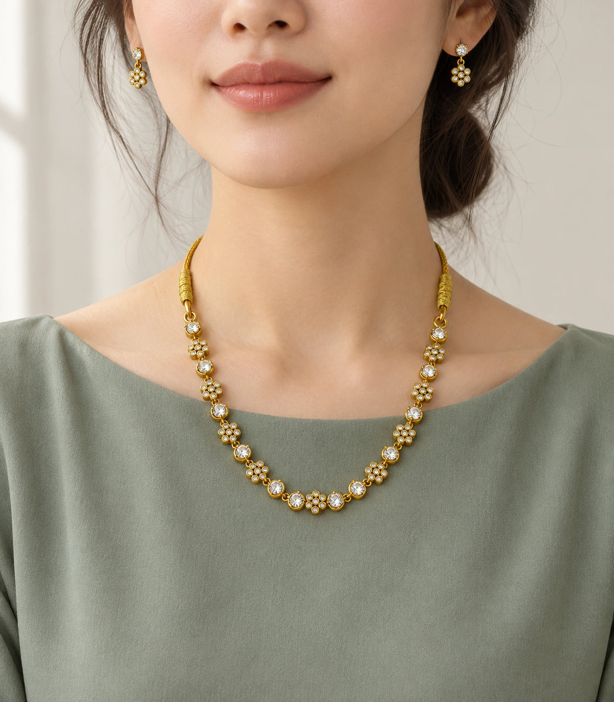 Gold-tone clear crystal-style floral cluster necklace set shown worn