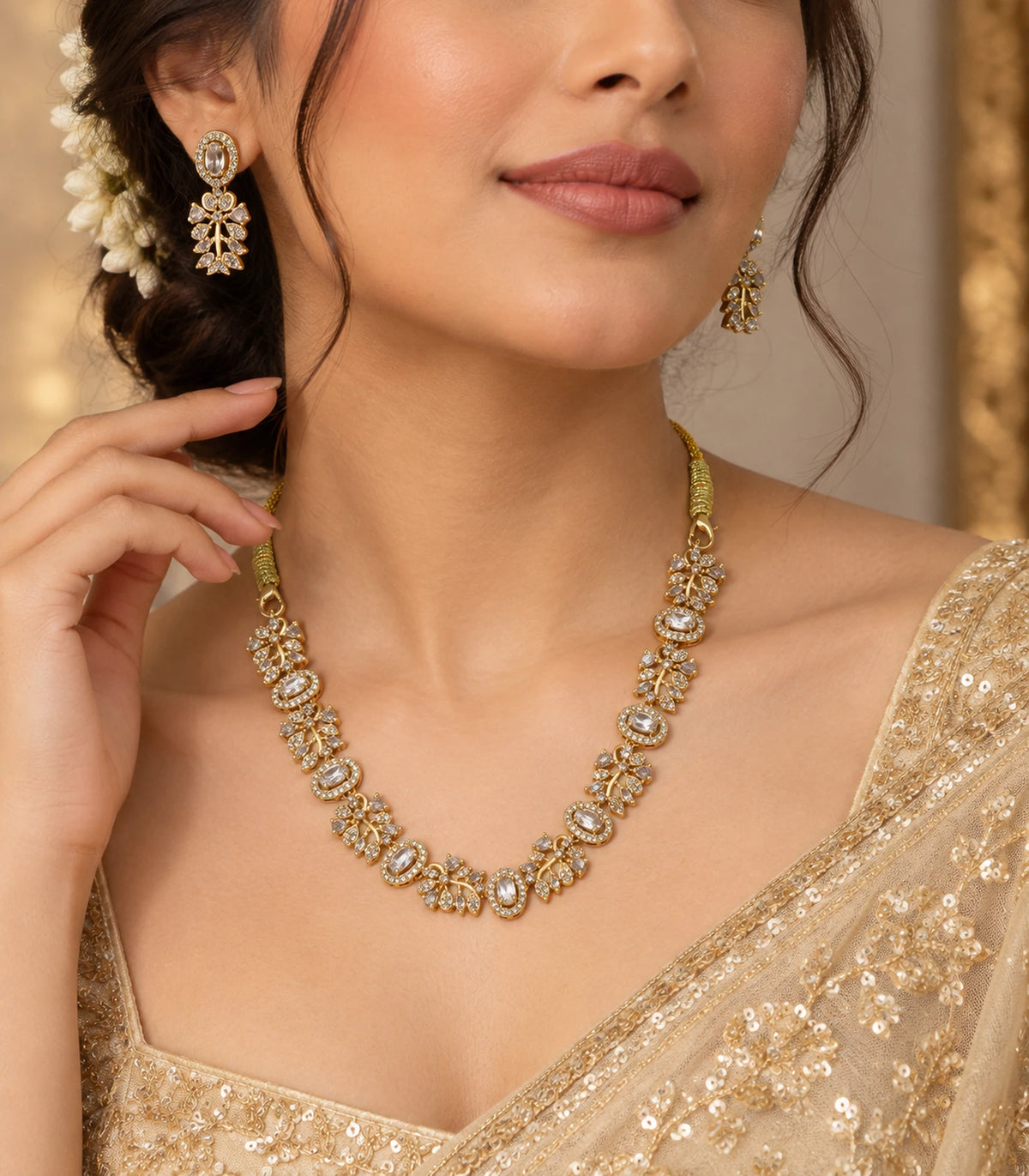 Clear Crystal Floral-Link Necklace Set worn with a gold-tone embroidered outfit #Color_Clear Crystal