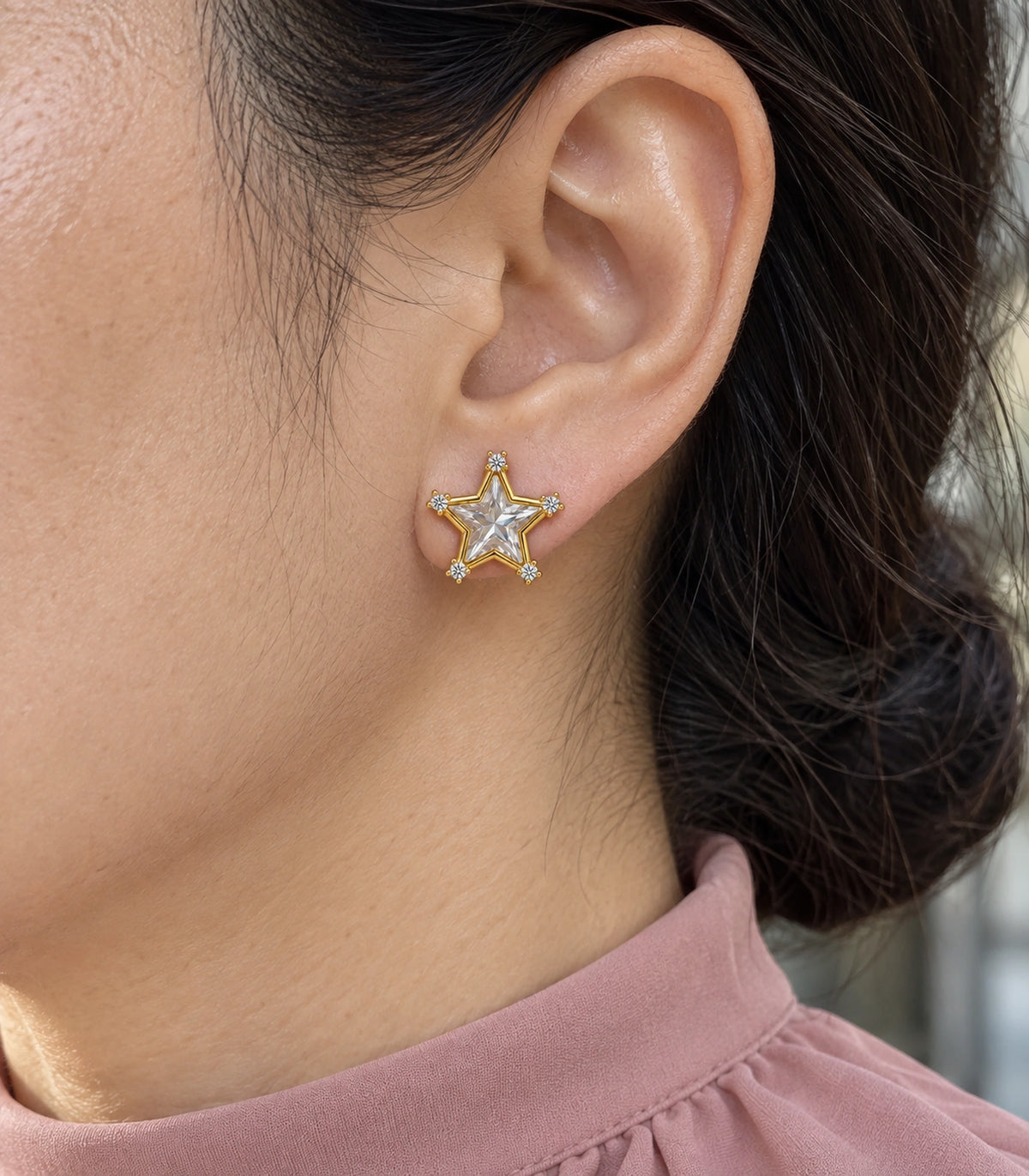 JIMIKI Crystal Star Stud Earring Pair in Gold tone, close-up detail #color_gold tone