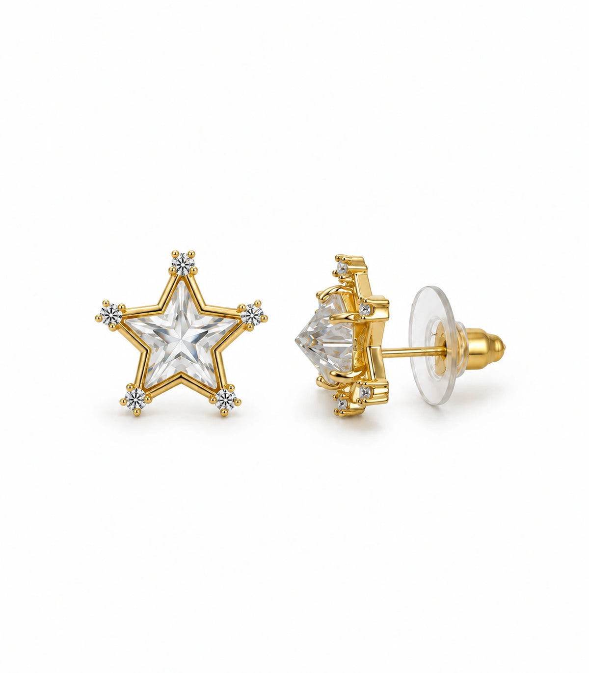JIMIKI Crystal Star Stud Earring Pair in Gold tone, white background product view #color_gold tone