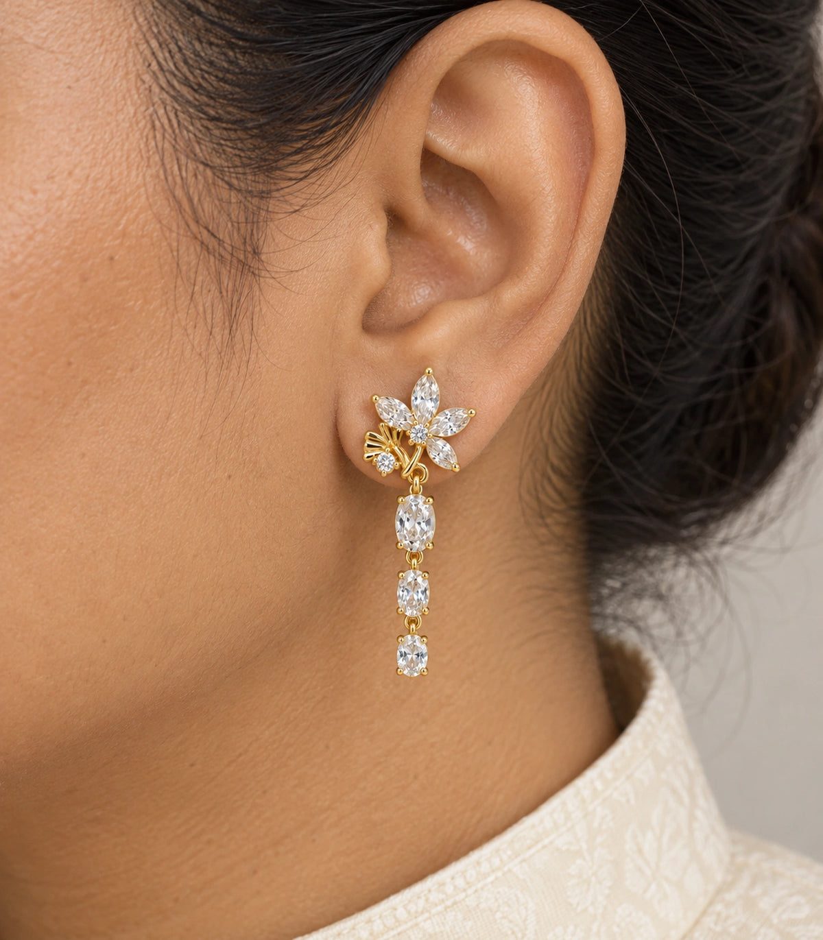 JIMIKI Floral Triple Oval Drop Earring Pair in Gold tone / clear, close-up detail #color_gold tone / clear