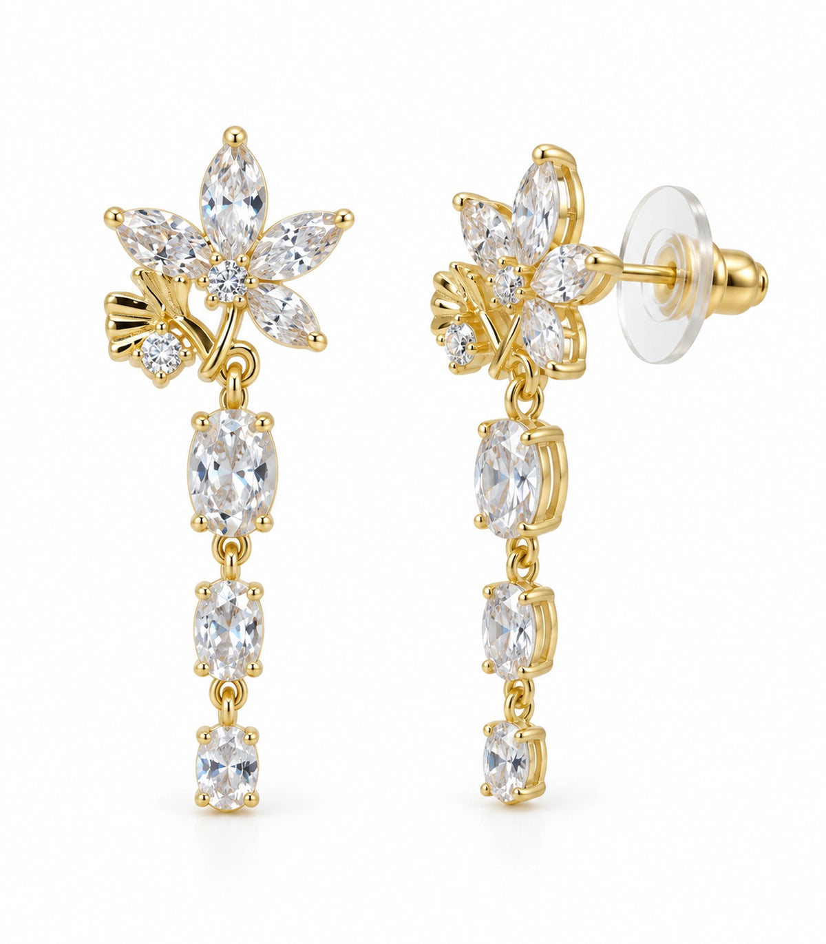JIMIKI Floral Triple Oval Drop Earring Pair in Gold tone / clear, white background product view #color_gold tone / clear