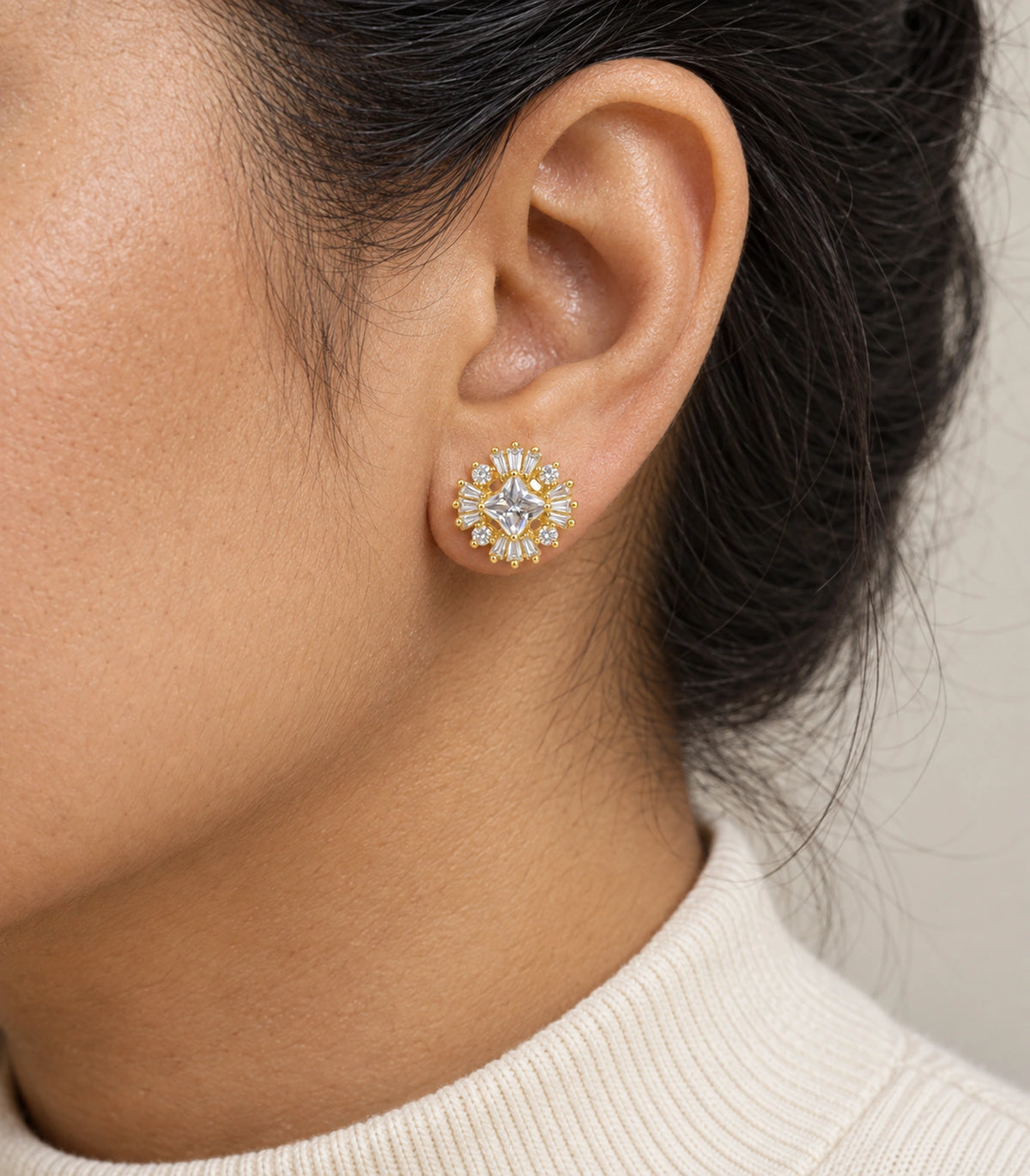 JIMIKI Star Crystal Baguette Halo Stud Earring Pair in Gold tone, model wearing view #color_gold tone