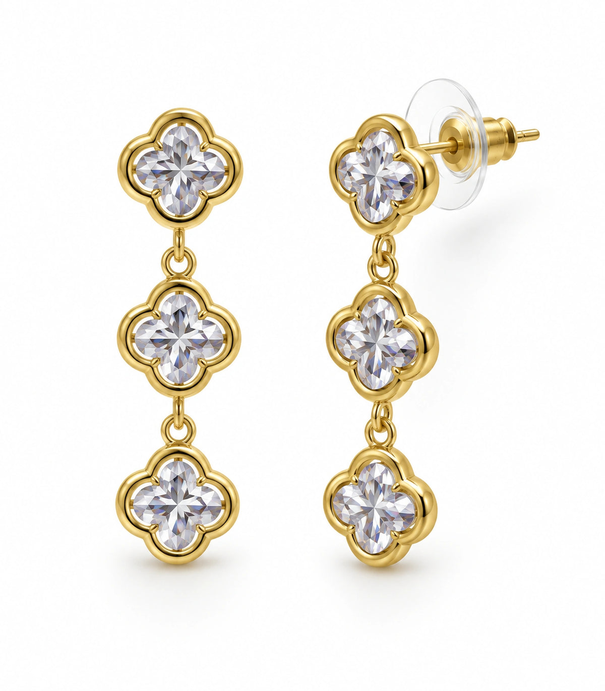 JIMIKI Triple Quatrefoil Crystal Drop Earring Pair in Gold tone / clear, white background product view #color_gold tone / clear