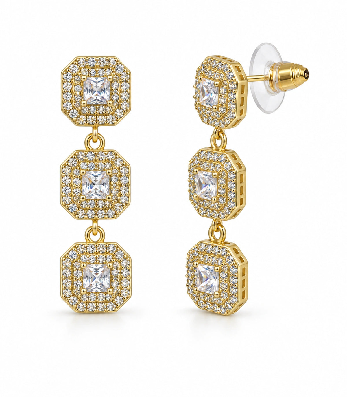 JIMIKI Triple Square Halo Drop Earring Pair in Gold tone / clear, white background product view #color_gold tone / clear