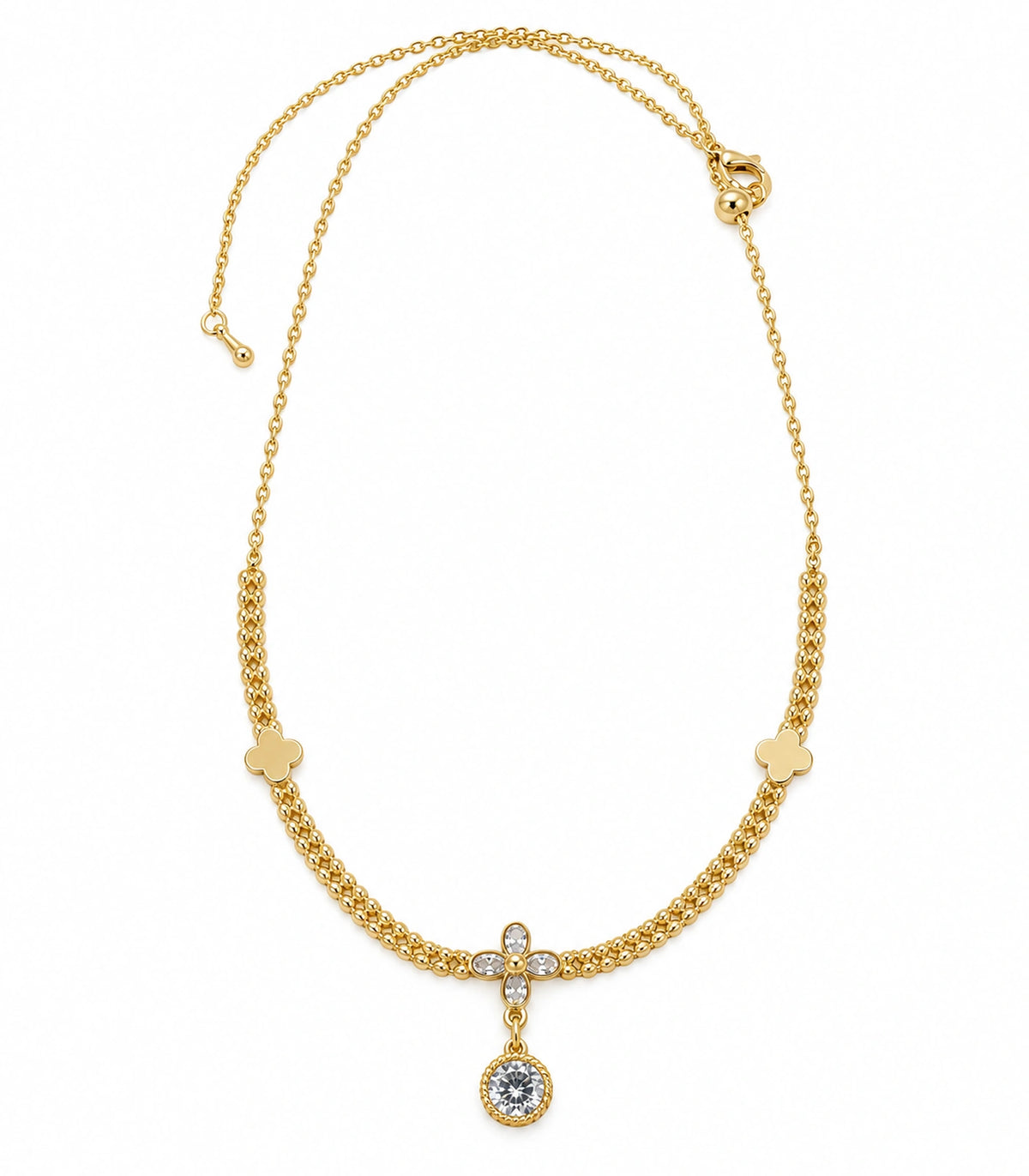JIMIKI Clover Crystal Flower Drop Necklace in Gold Tone - necklace on white #color_gold-tone