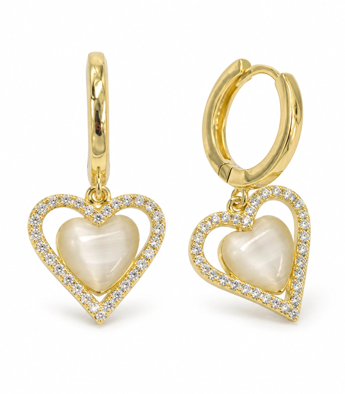 JIMIKI Heart Crystal Frame Drop Hoop Earring Pair in Gold-tone / Cream, white background product view #color_gold-tone / cream