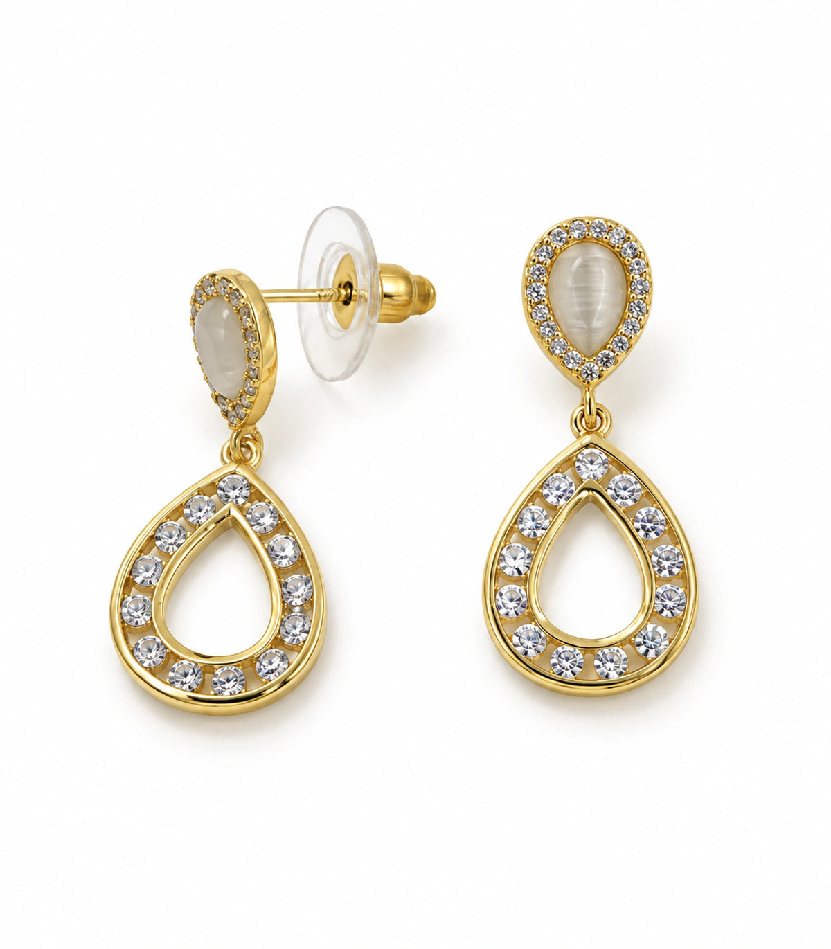 JIMIKI Gold Tone Cream Teardrop Crystal Halo Drop Earring Pair in Gold tone / Cream, white background product view