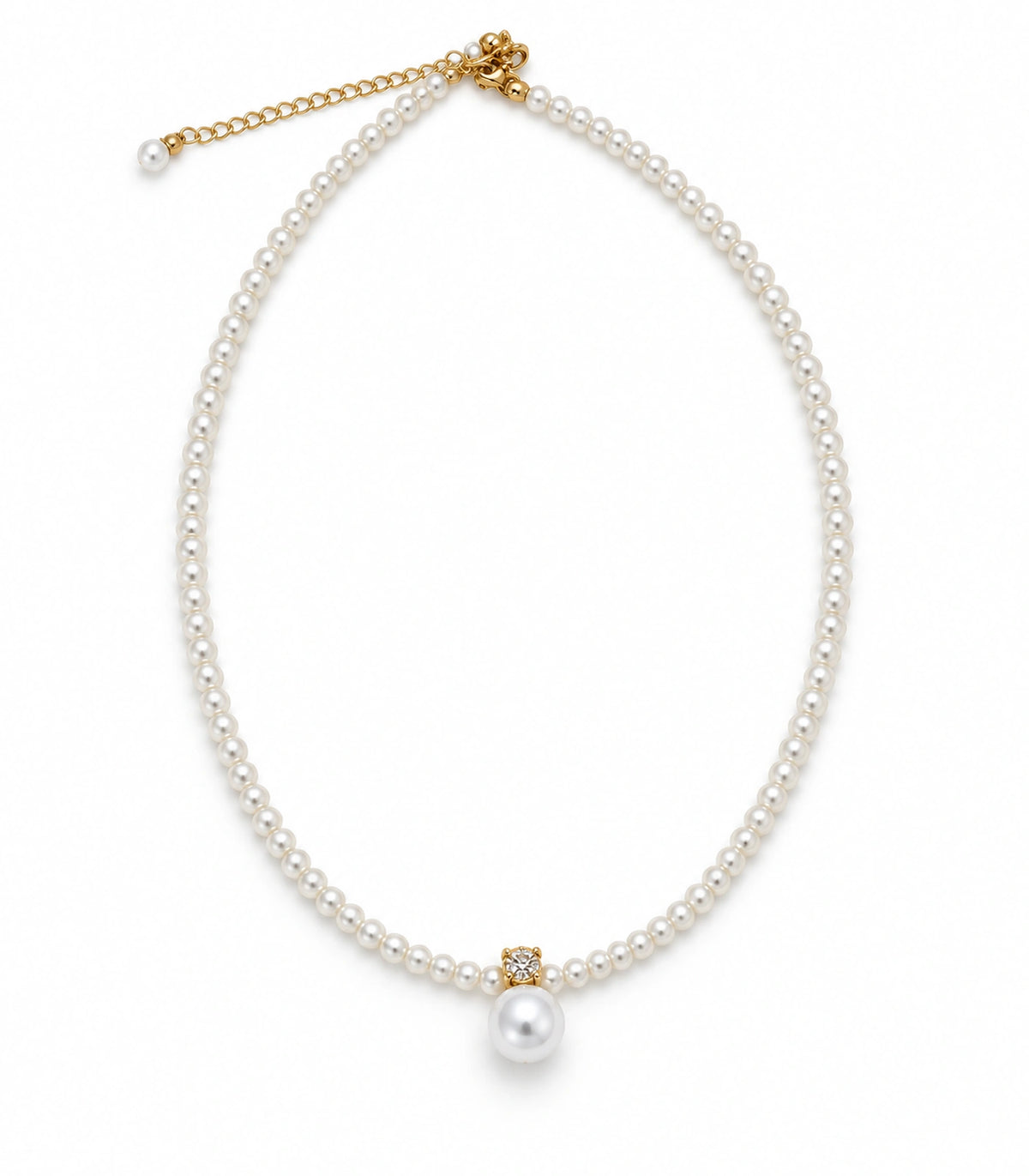 JIMIKI Gold-Tone Crystal Bail Pearl Drop Necklace in Gold-tone / white, on a white background