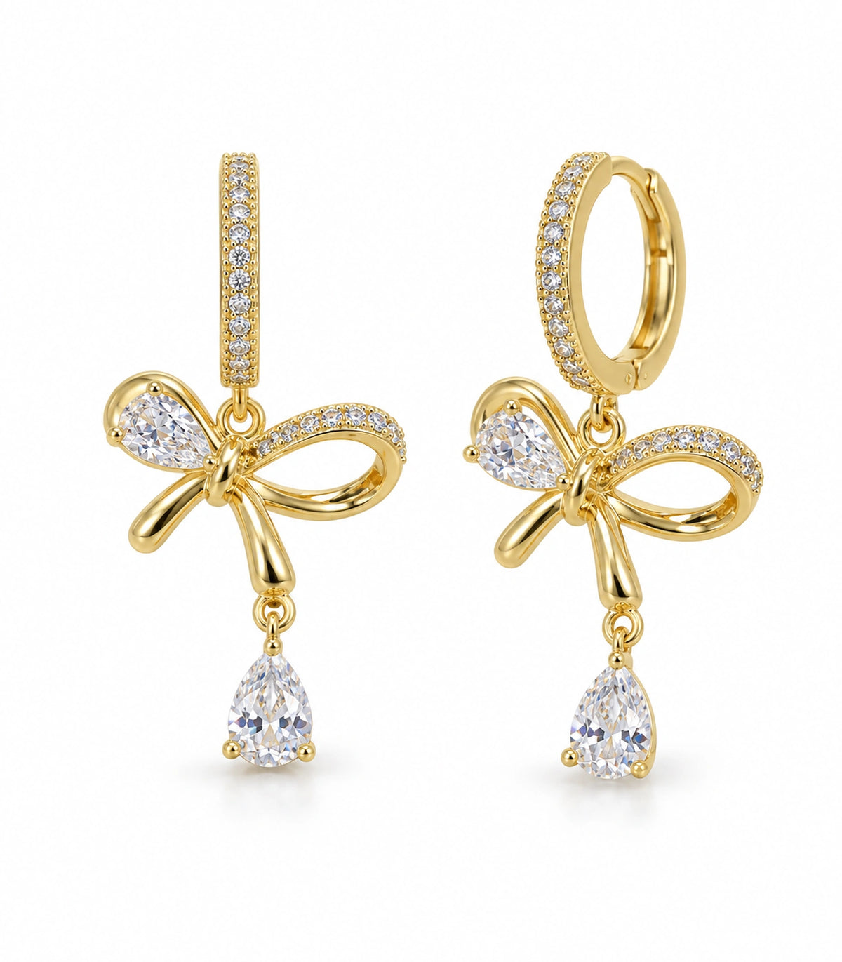 JIMIKI Gold-Tone Crystal Bow Drop Huggie Earrings in Gold / Clear, white background product view