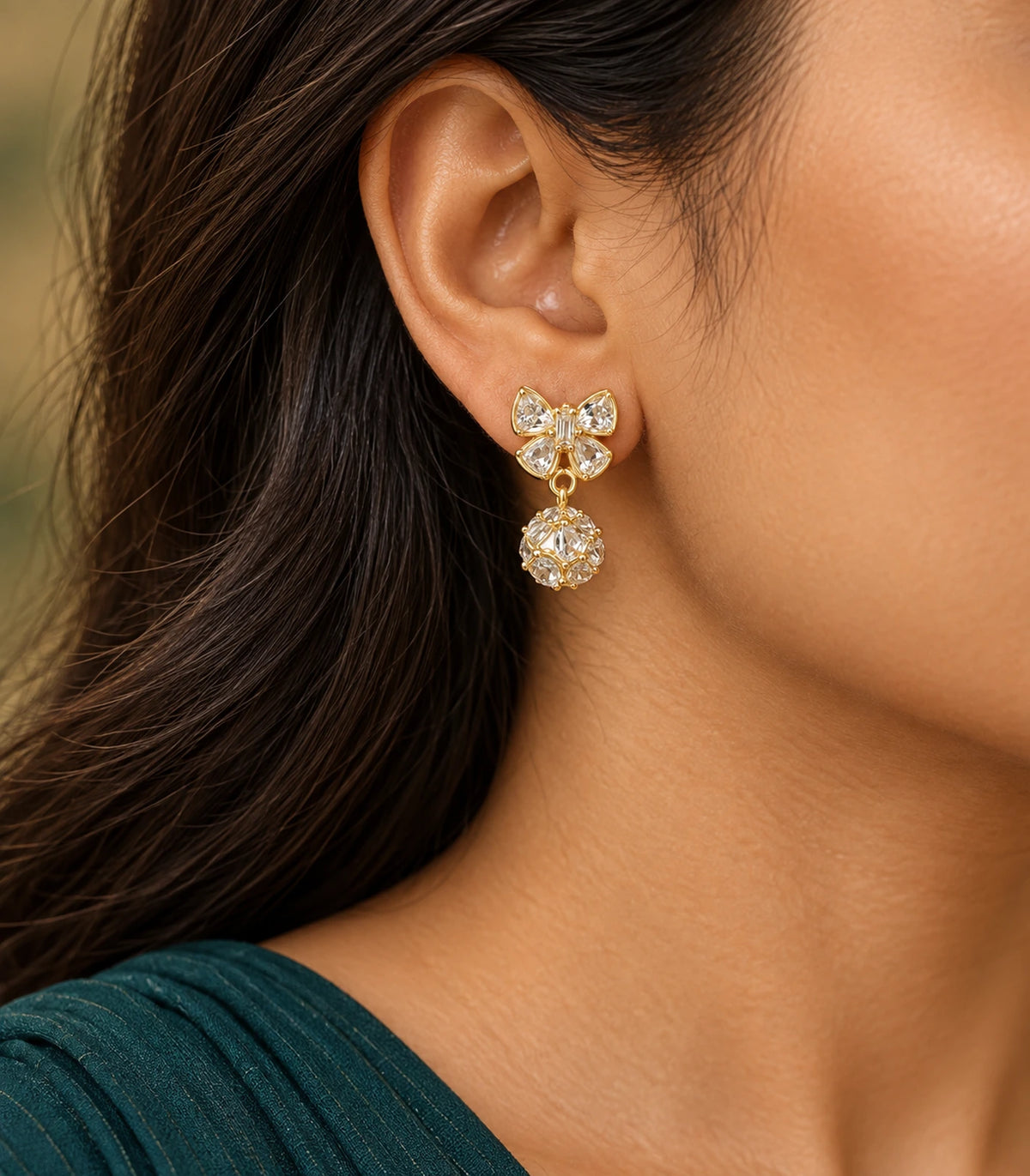 JIMIKI Gold-Tone Crystal Butterfly Ball Drop Earrings — earrings styled with an outfit #color_gold-tone / clear