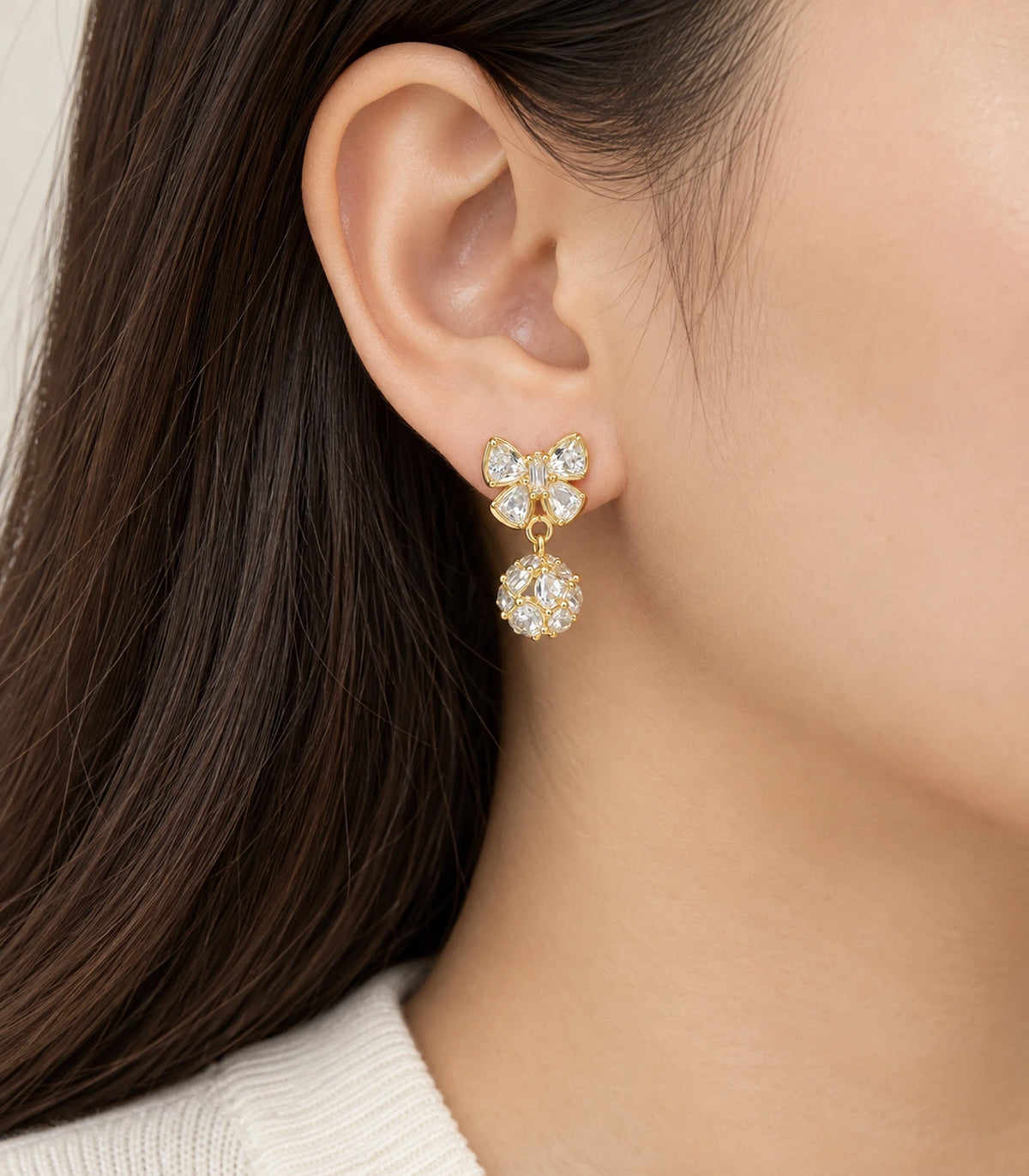 JIMIKI Gold-Tone Crystal Butterfly Ball Drop Earrings — worn on the ear #color_gold-tone / clear