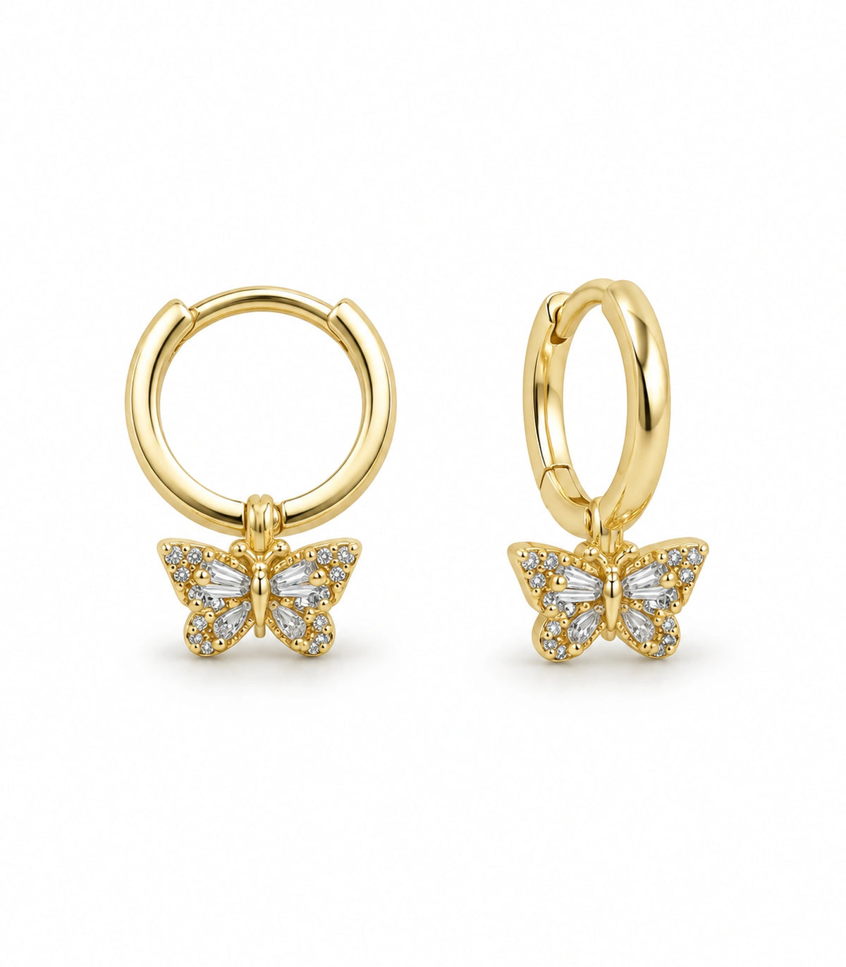 JIMIKI Crystal Butterfly Huggie Earrings in Gold / Clear, white background product view #color_gold / clear