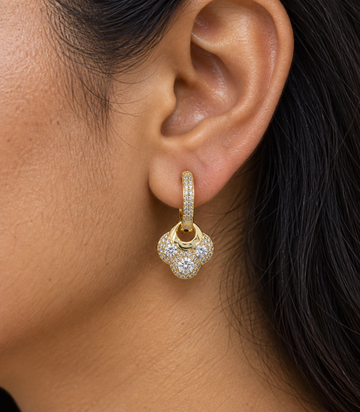 JIMIKI Crystal Clover Charm Hoop Earring Pair in Gold Tone, close-up detail #color_gold tone
