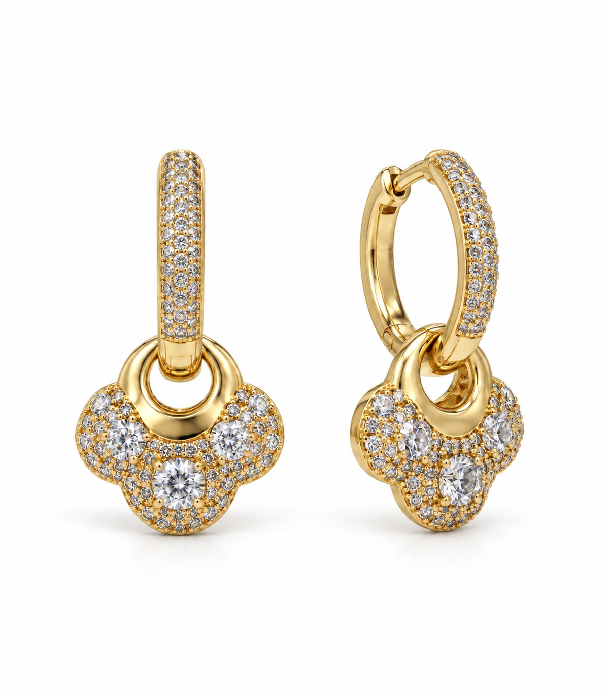 JIMIKI Crystal Clover Charm Hoop Earring Pair in Gold Tone, white background product view #color_gold tone