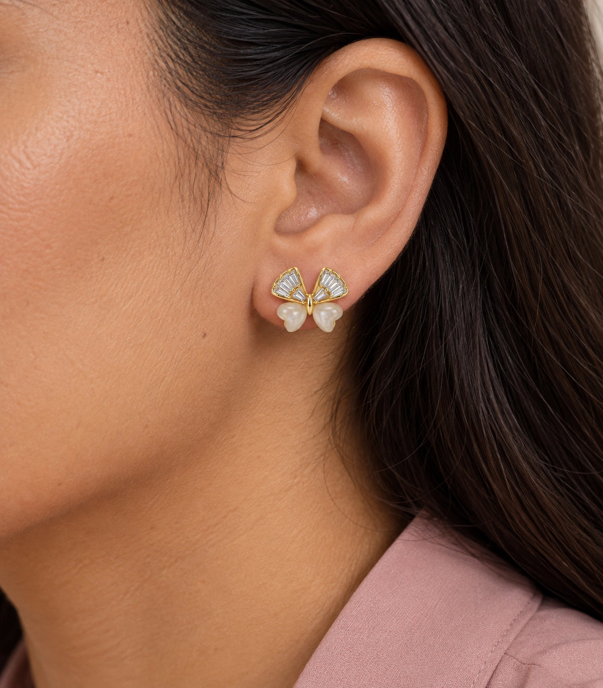 JIMIKI Crystal Wing Butterfly Stud Earring Pair in Gold Tone, close-up detail #color_gold tone