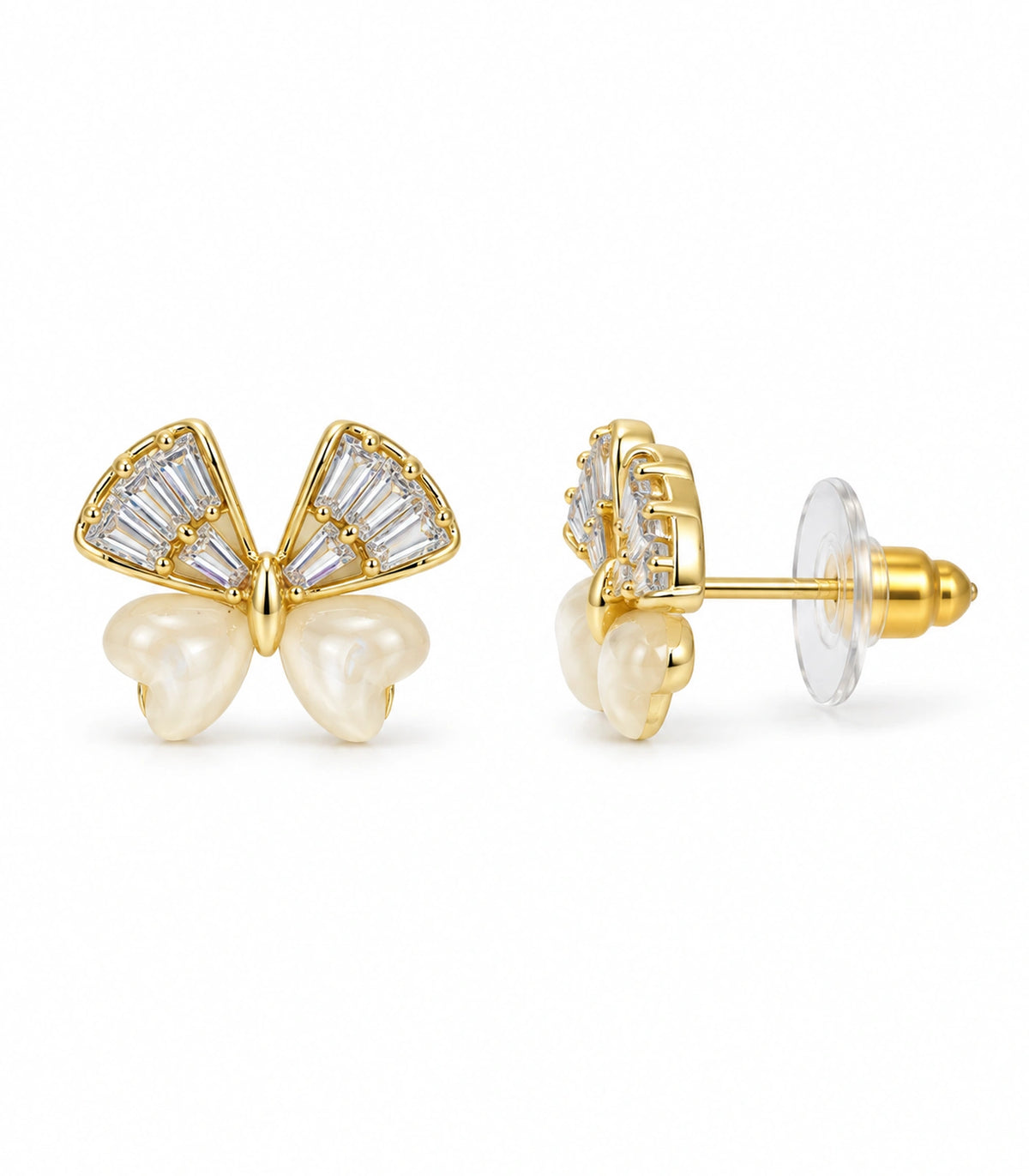 JIMIKI Crystal Wing Butterfly Stud Earring Pair in Gold Tone, white background product view #color_gold tone