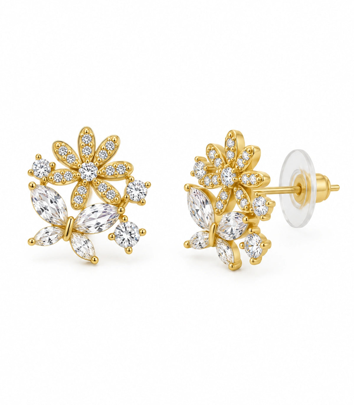 JIMIKI Gold Tone Crystal Flower Butterfly Cluster Stud Earring Pair in Gold-tone, white background product view