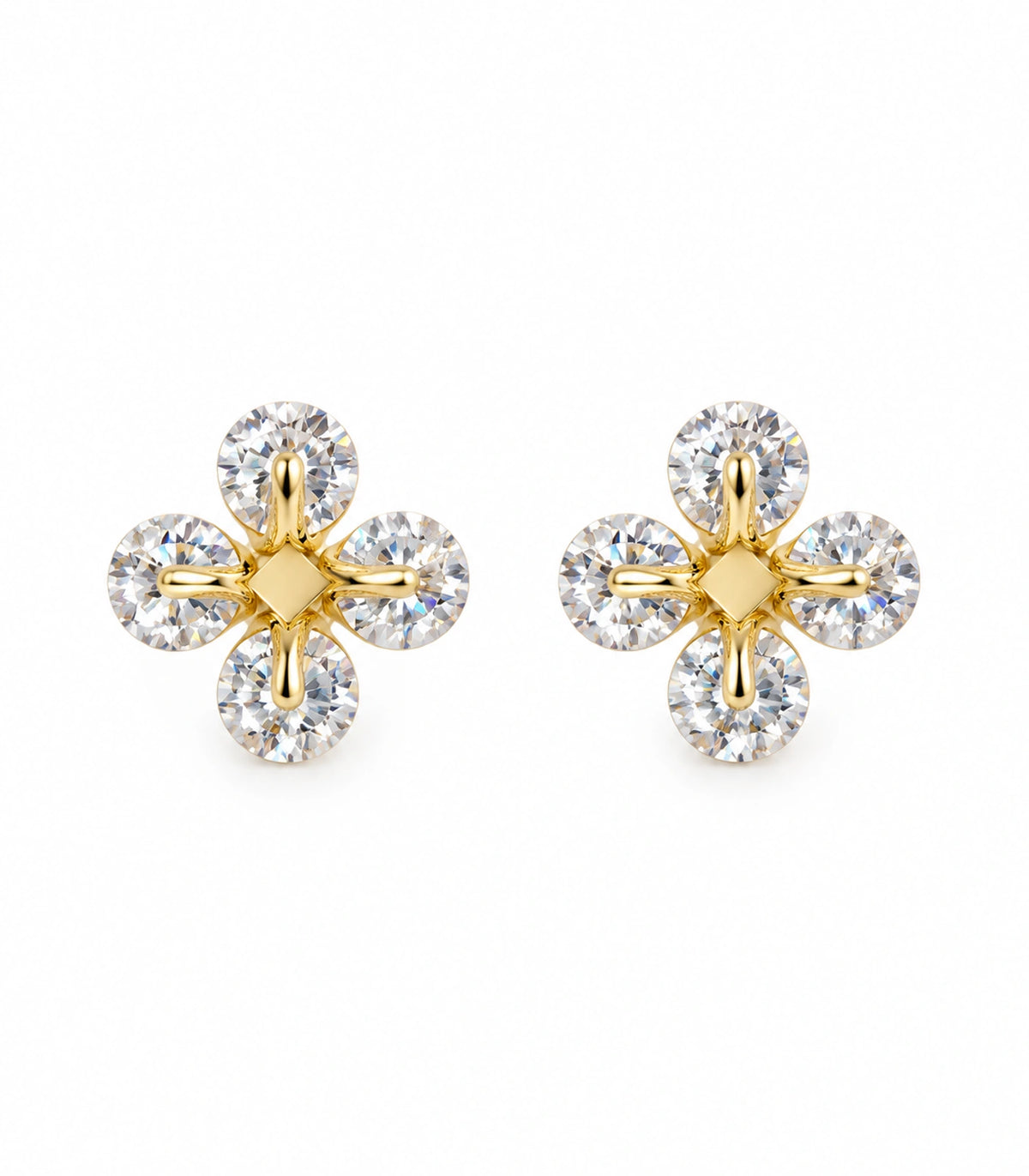 JIMIKI gold tone crystal flower stud earrings, matching pair on white background #color_gold-tone