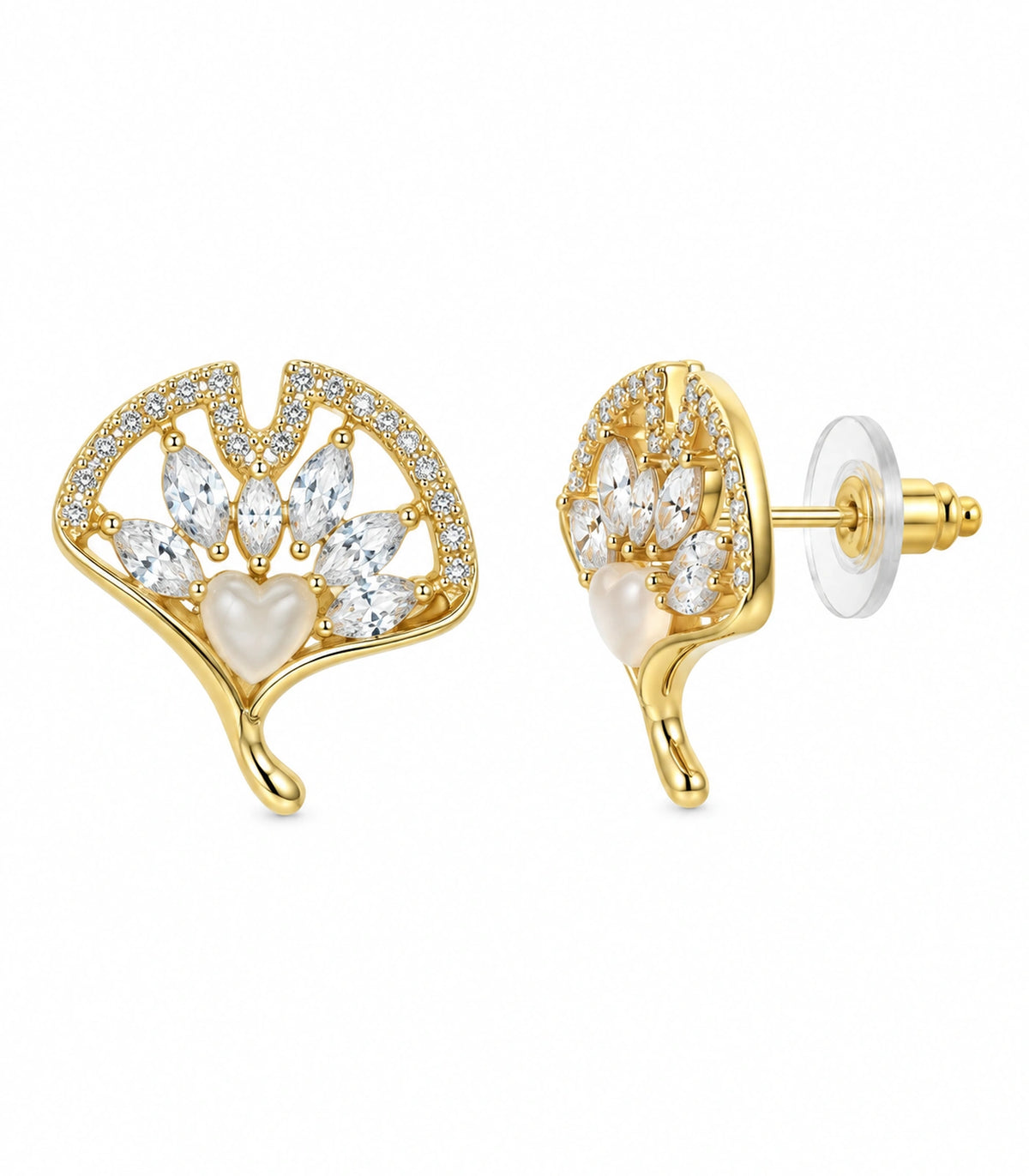 JIMIKI Gold-Tone Crystal Ginkgo Leaf Heart-Accent Stud Earrings in Gold / Clear / Milky White, white background product view