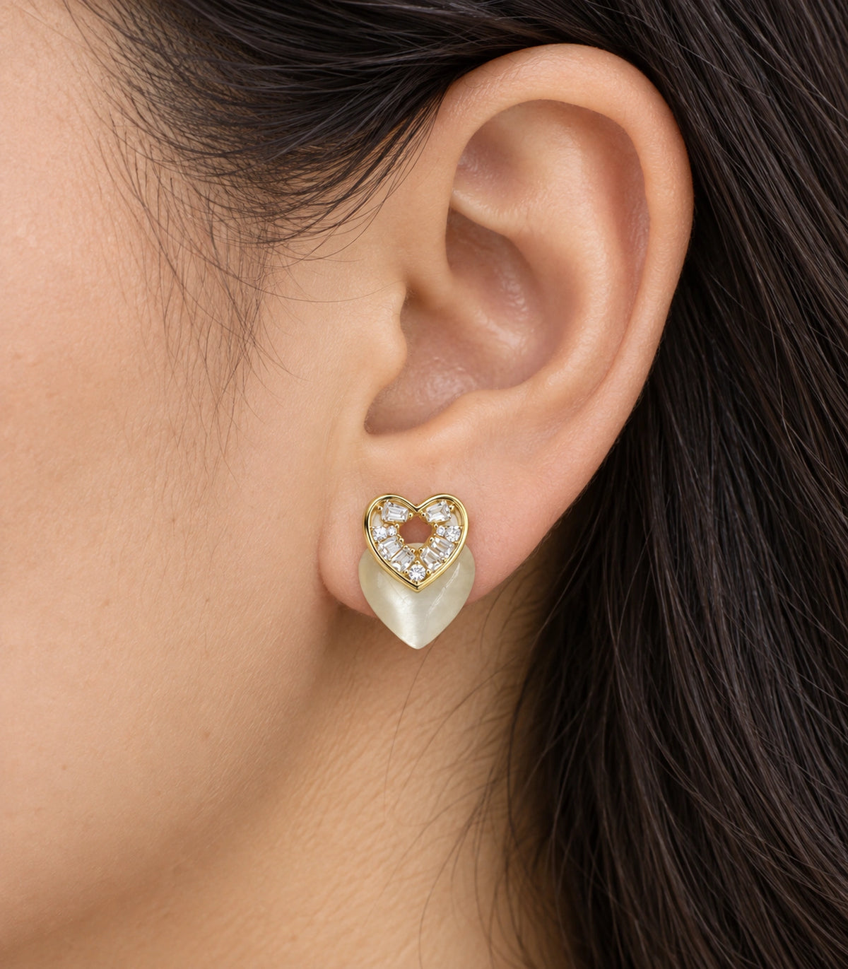 JIMIKI Gold-Tone Crystal Heart Stud Earring Pair in Gold Tone, close-up detail