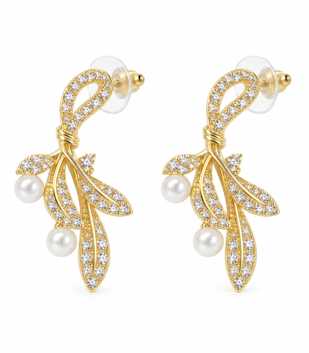 JIMIKI Crystal Leaf Two Pearl Drop Earring Pair in Gold-tone, white background product view #color_gold-tone