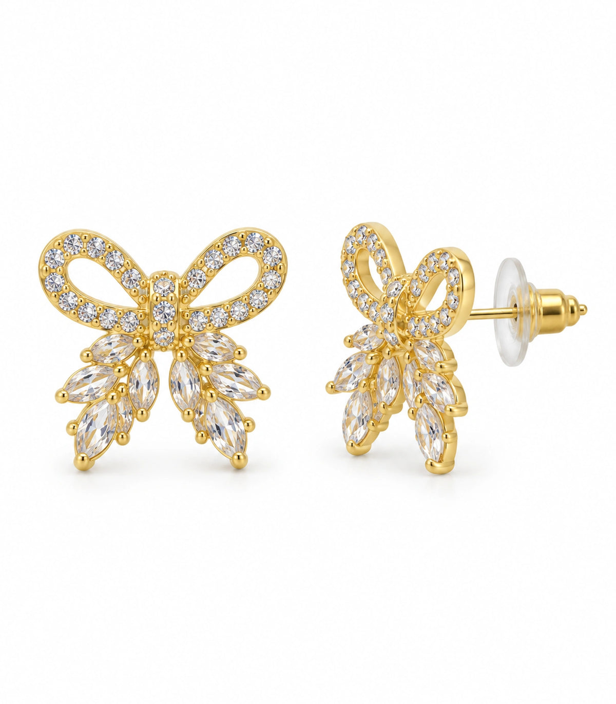 JIMIKI Gold-Tone Crystal Loop Bow Stud Earrings in Gold / Clear, white background product view