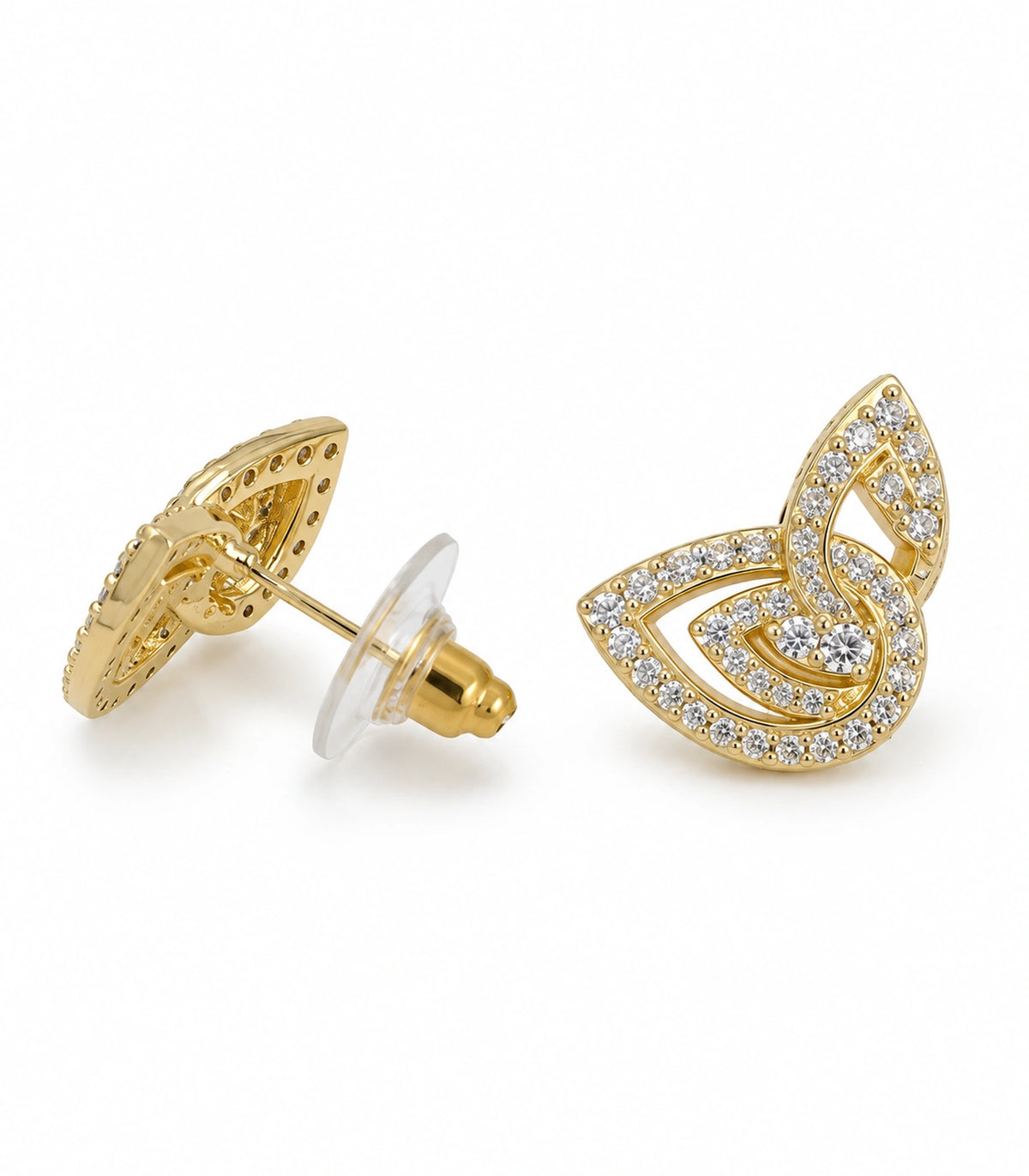 JIMIKI Crystal Open Swirl Stud Earring Pair in Gold tone, white background product view #color_gold tone