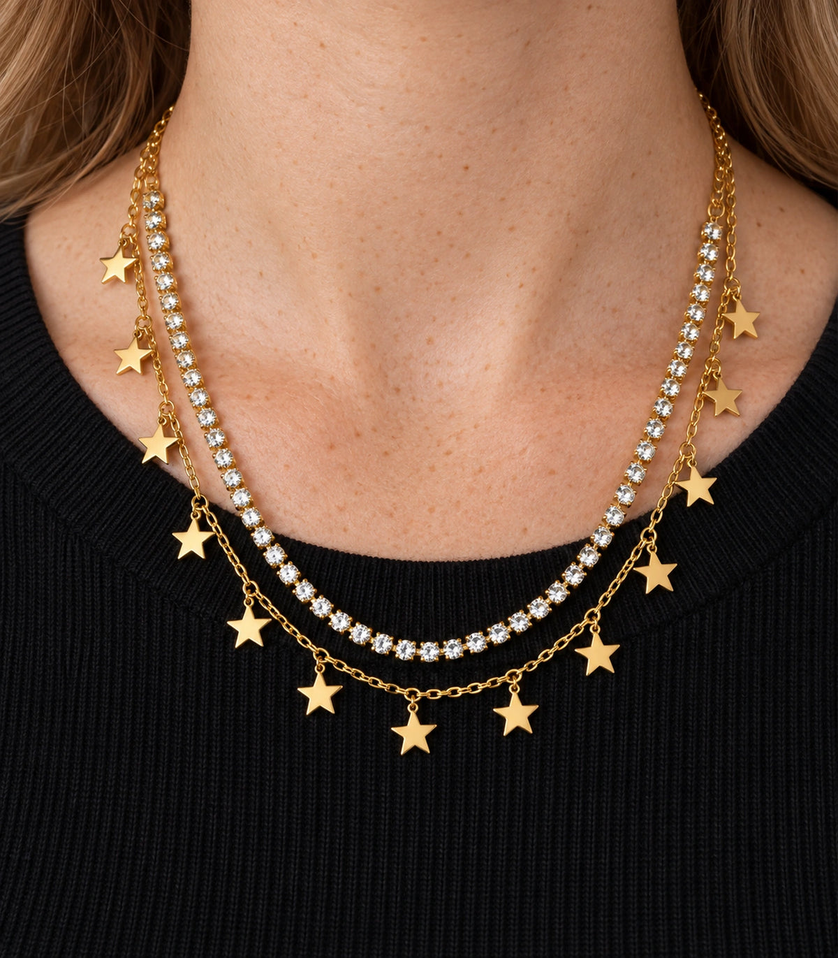 JIMIKI Gold-Tone Crystal Star Layered Necklace in Gold Tone - close-up details #color_gold-tone
