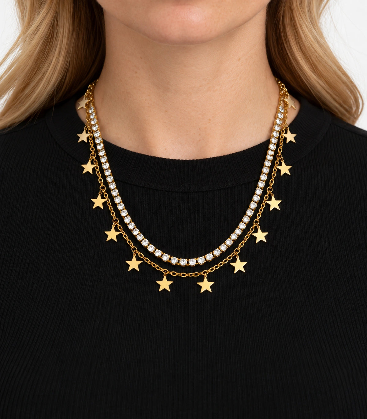 JIMIKI Gold-Tone Crystal Star Layered Necklace in Gold Tone - worn styling view #color_gold-tone