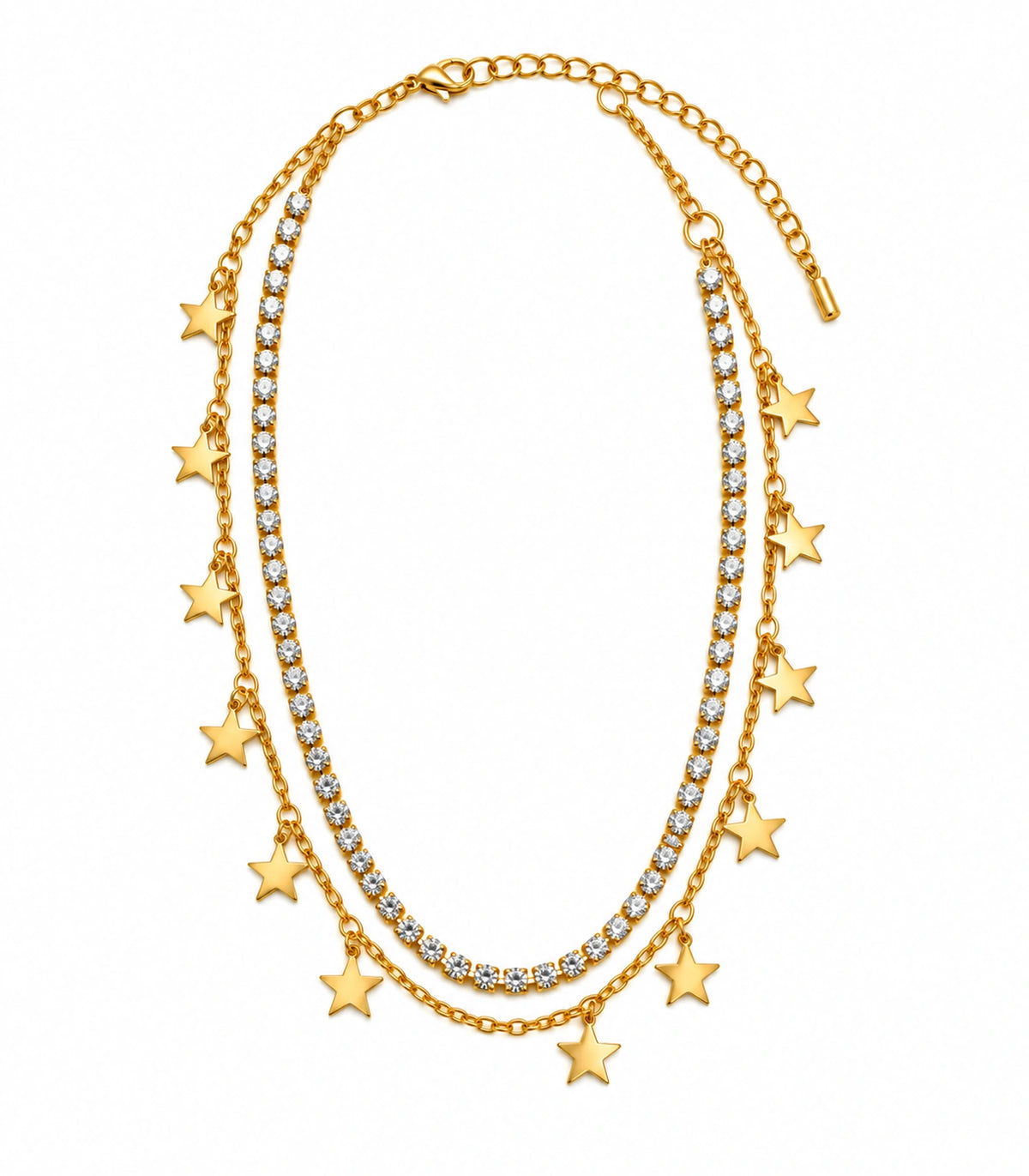 JIMIKI Gold-Tone Crystal Star Layered Necklace in Gold Tone - necklace on white #color_gold-tone