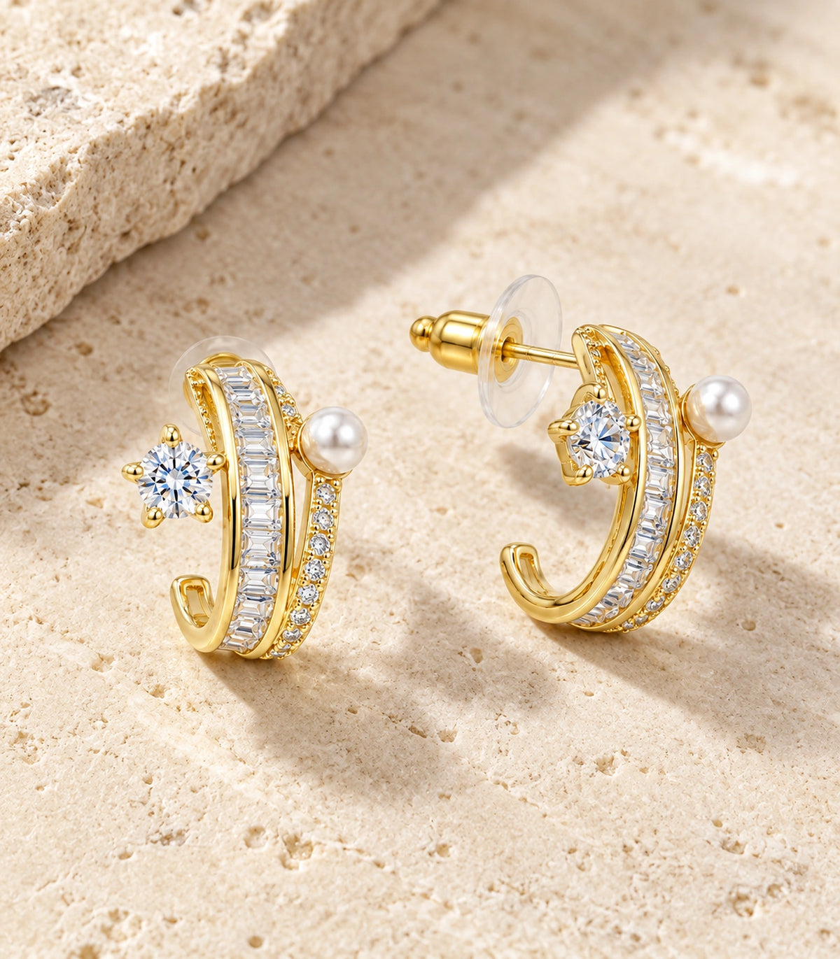 JIMIKI Gold-Tone Crystal Star Pearl Double-Row Ear Jacket Earrings in Gold / Clear / White, editorial flat lay