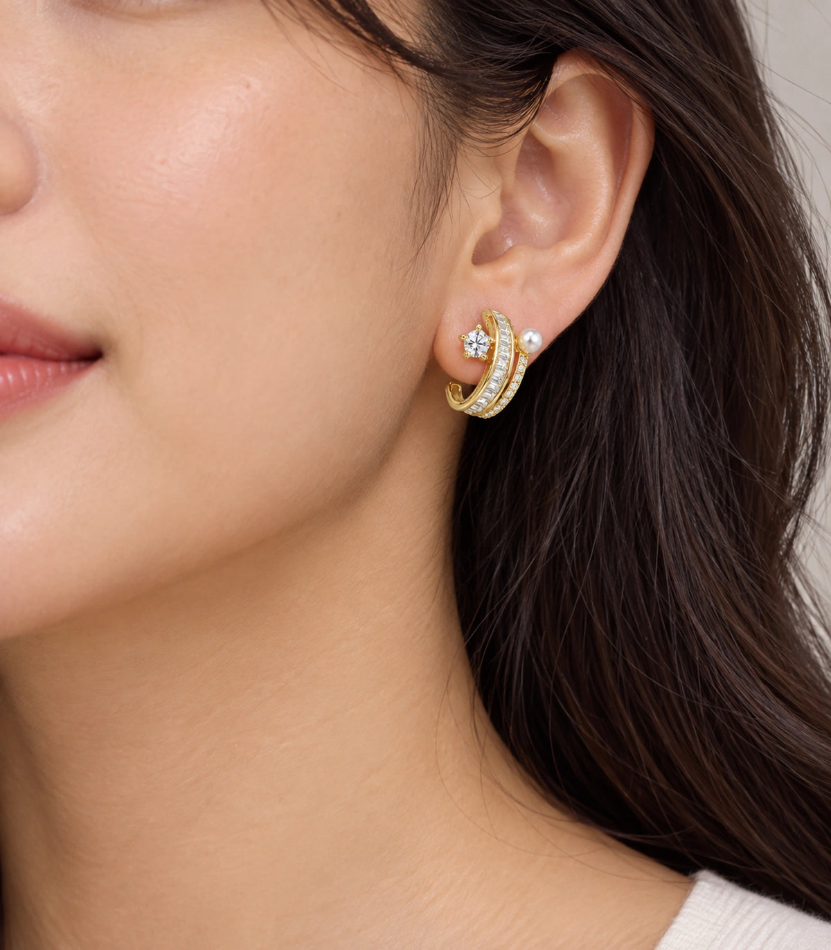 JIMIKI Gold-Tone Crystal Star Pearl Double-Row Ear Jacket Earrings in Gold / Clear / White, model wearing view