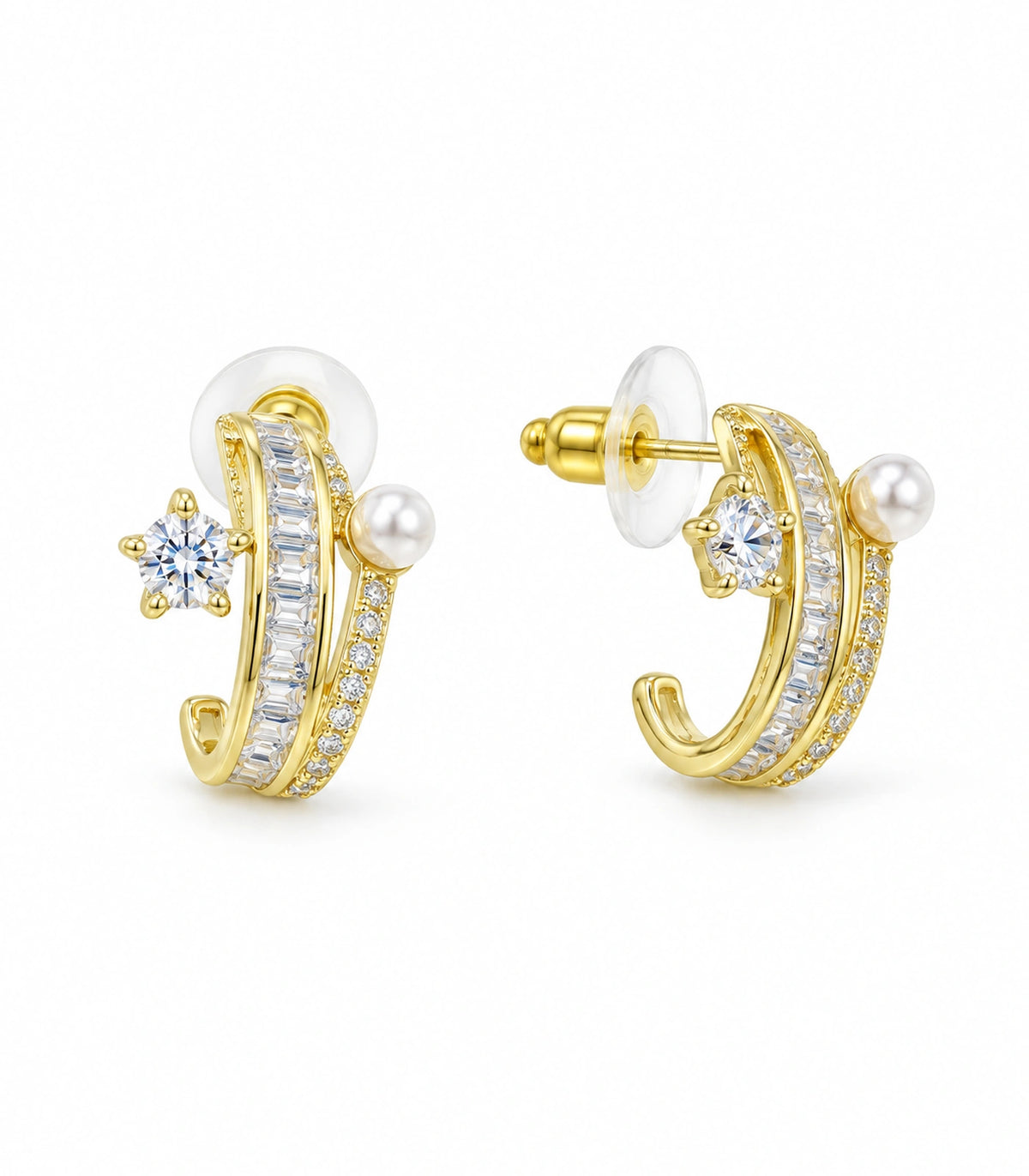 JIMIKI Gold-Tone Crystal Star Pearl Double-Row Ear Jacket Earrings in Gold / Clear / White, white background product view