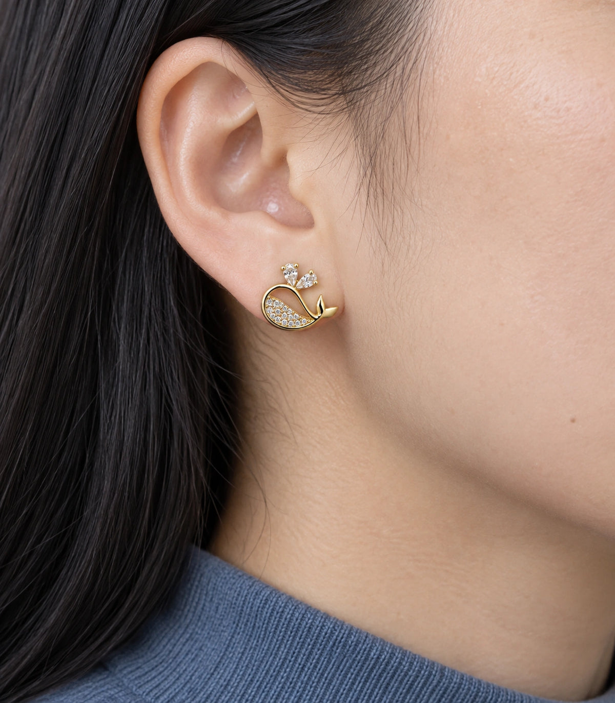 JIMIKI Crystal Whale Stud Earring Pair in Gold-tone, close-up detail #color_gold-tone