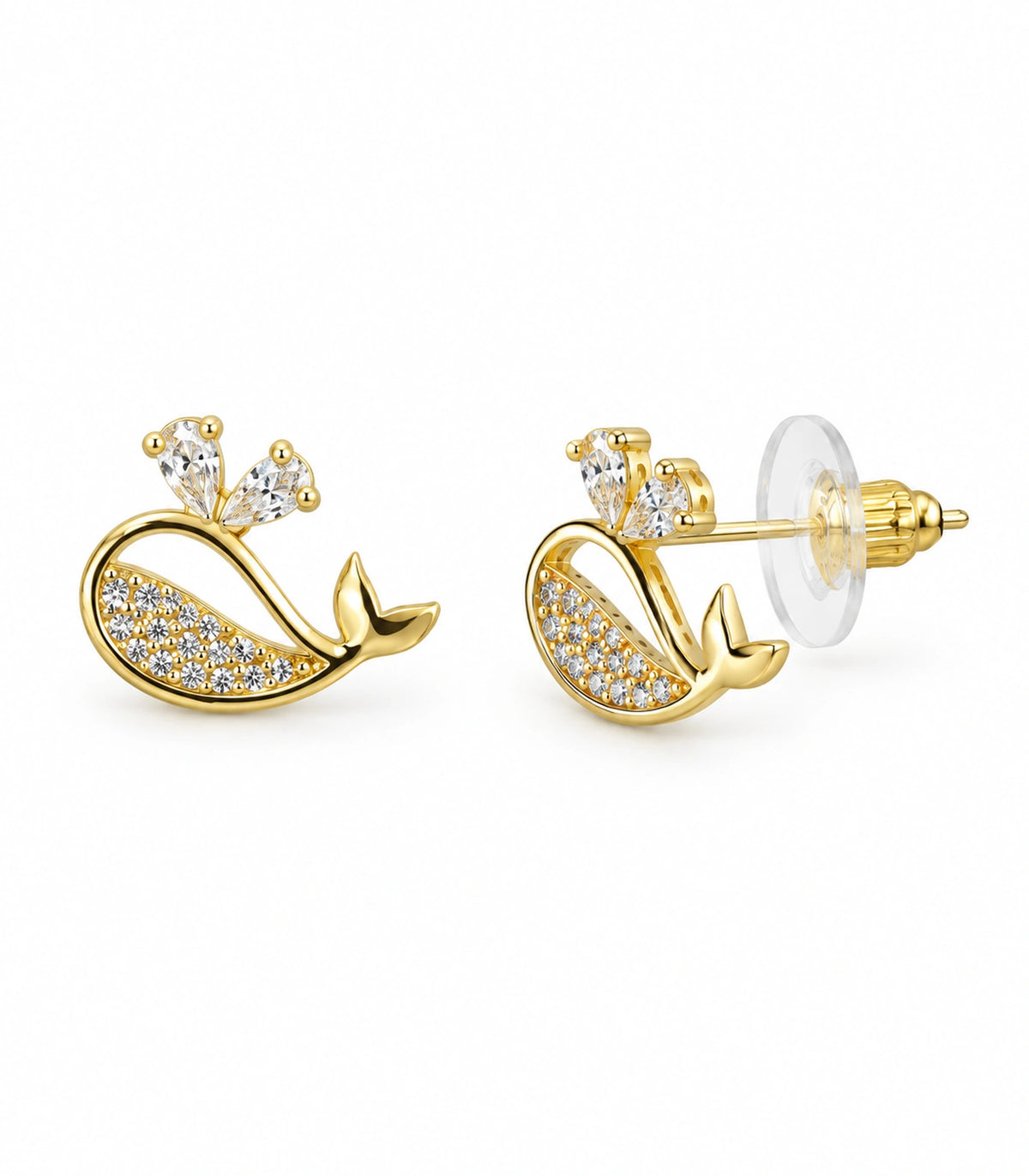 JIMIKI Crystal Whale Stud Earring Pair in Gold-tone, white background product view #color_gold-tone