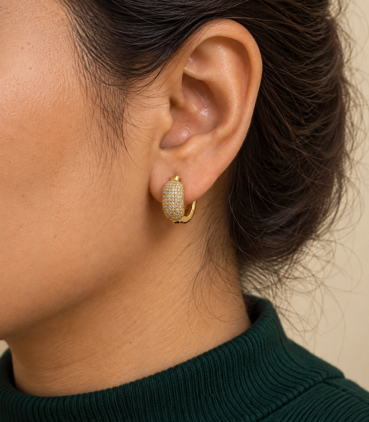 JIMIKI gold-tone domed pave hinged hoop earring pair — close-up detail