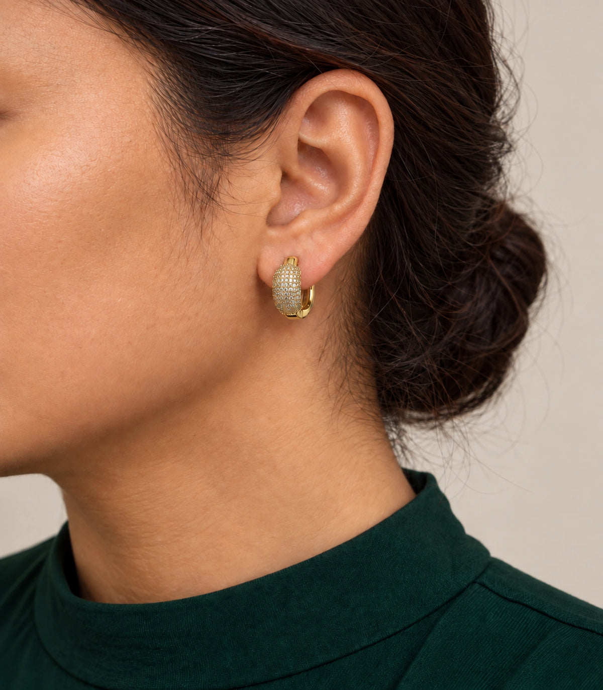 JIMIKI gold-tone domed pave hinged hoop earring pair — model wearing view