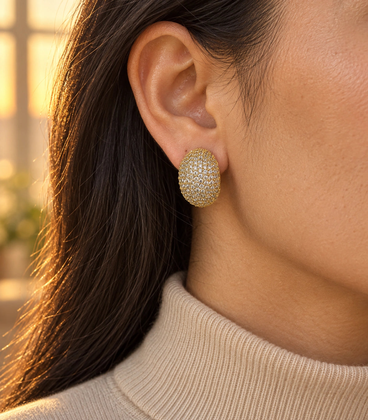 JIMIKI Domed Pave Oval Stud Earring Pair in Gold Tone, editorial model view #color_gold tone