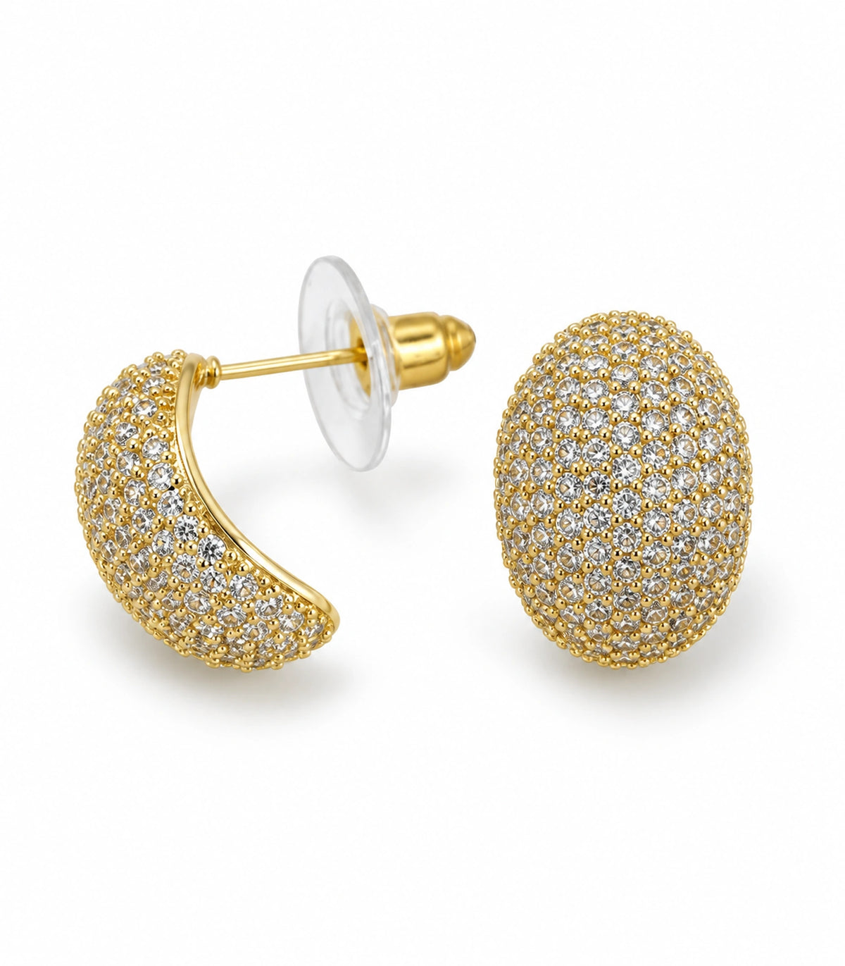 JIMIKI Domed Pave Oval Stud Earring Pair in Gold Tone, white background product view #color_gold tone