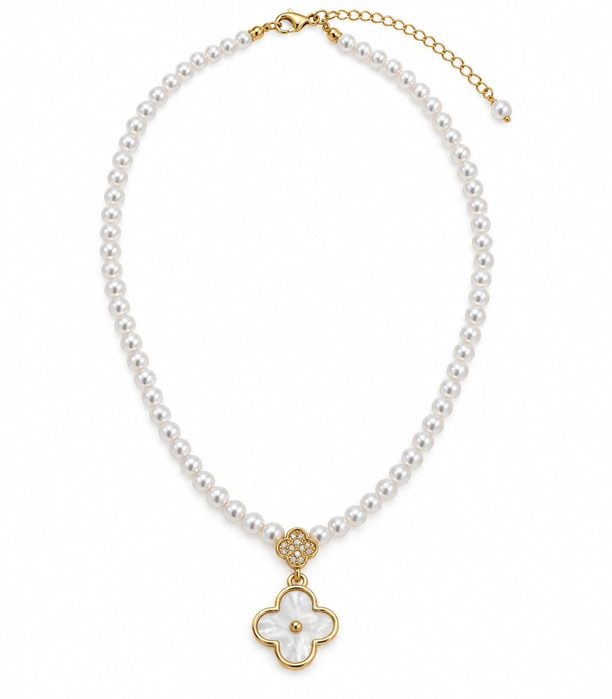 JIMIKI Gold Tone Double Clover White Inlay Pearl Necklace in Gold / White, white background product view